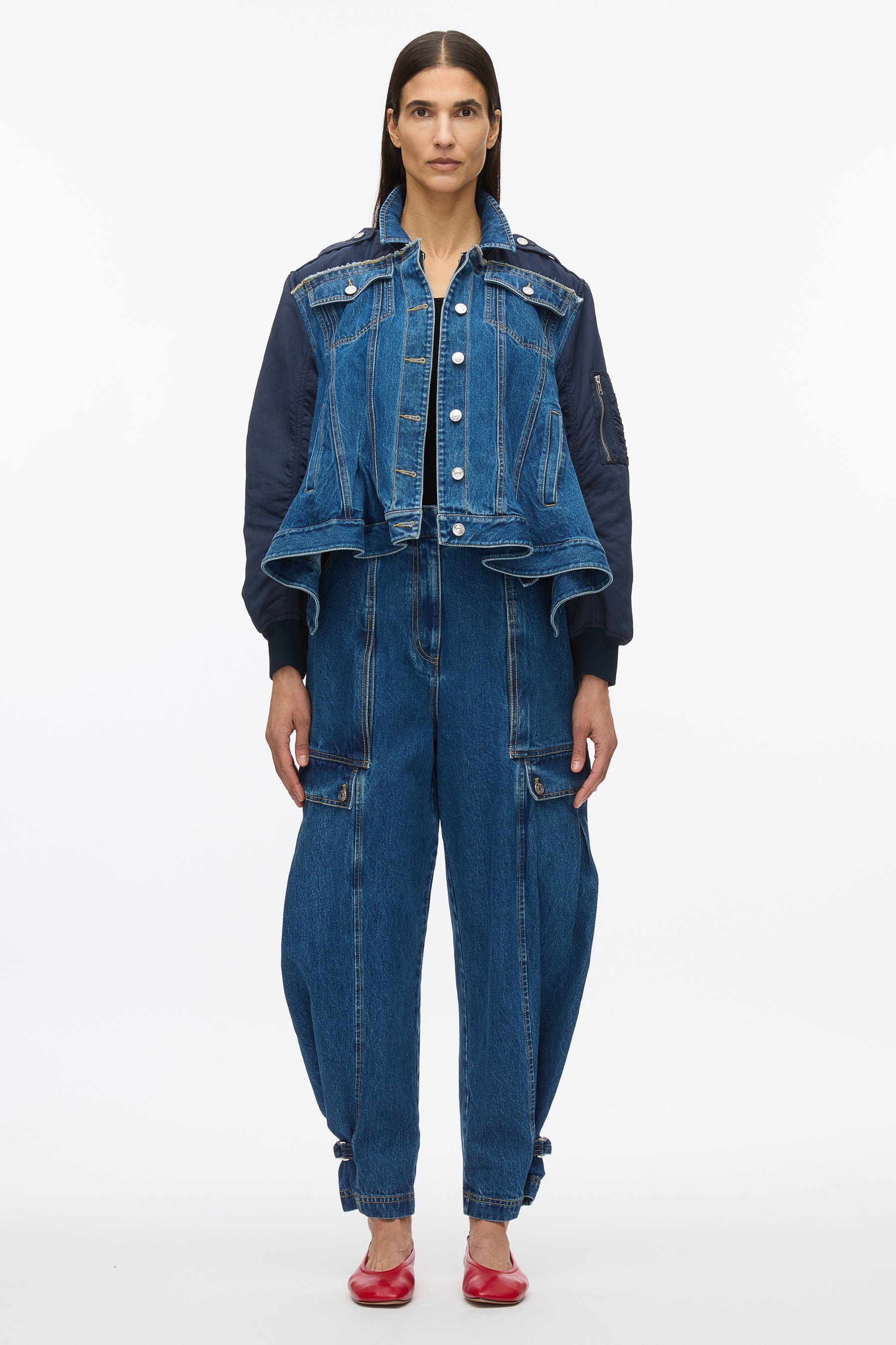 Hybrid Denim Flight Jacket With Flounce Hem - 2