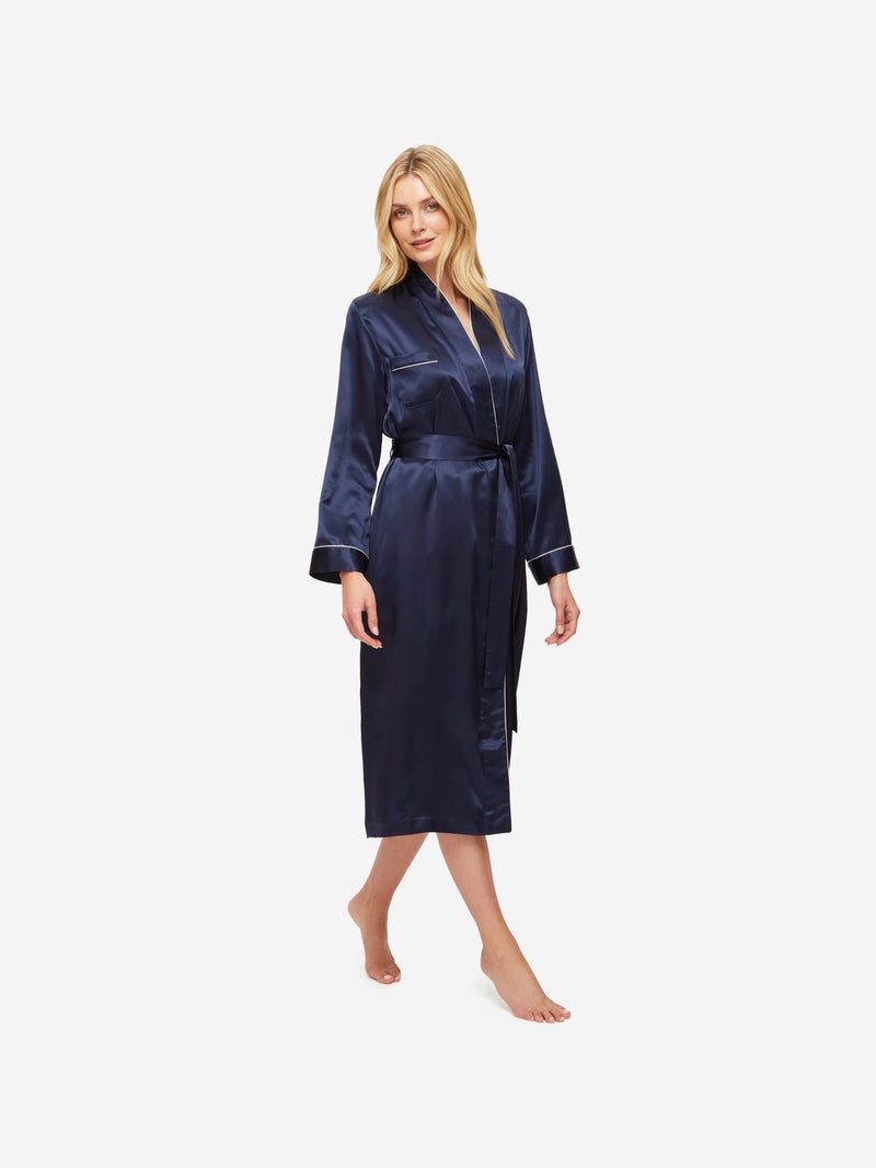 Women's Long Dressing Gown Bailey Silk Satin Navy - 3