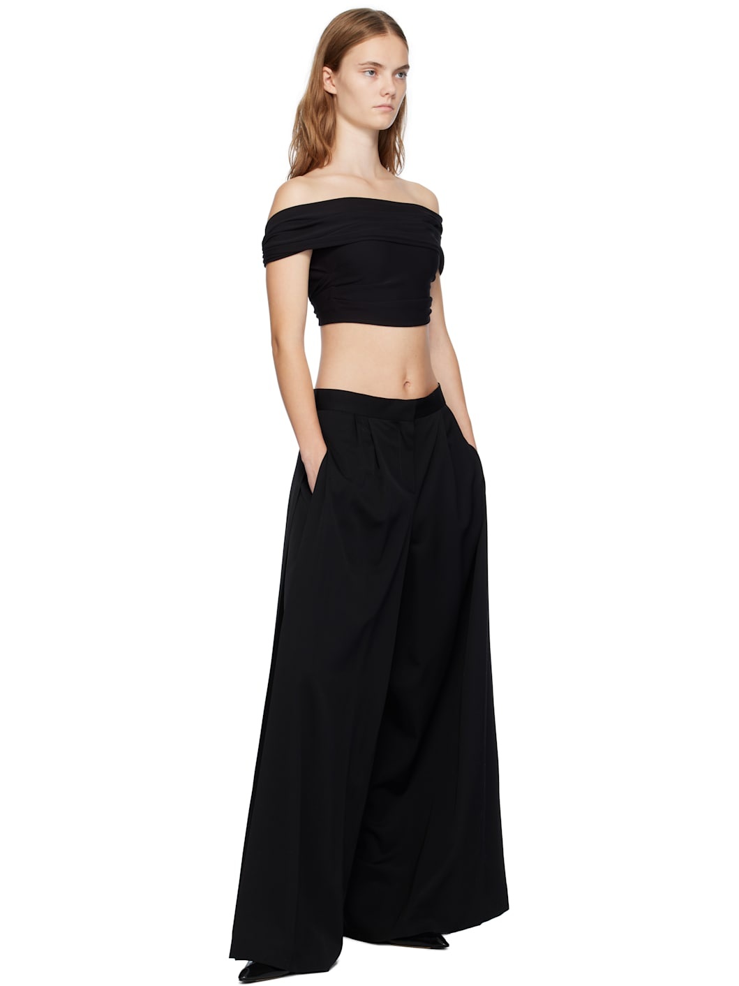 Black Crepe Draped Crop Top T-shirt - 4
