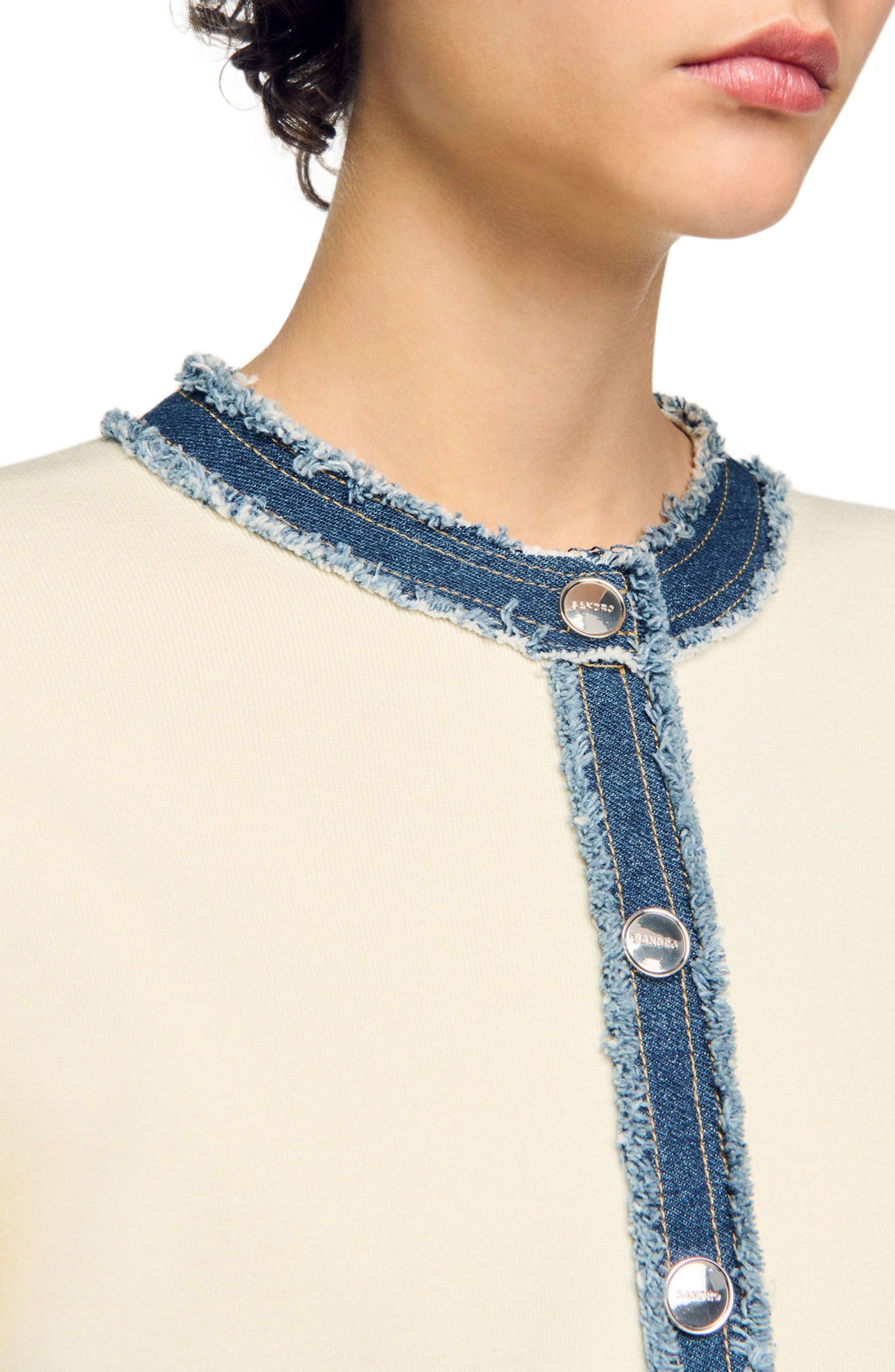 SANDRO Cardigan with denim details in Ecru at Nordstrom - 4