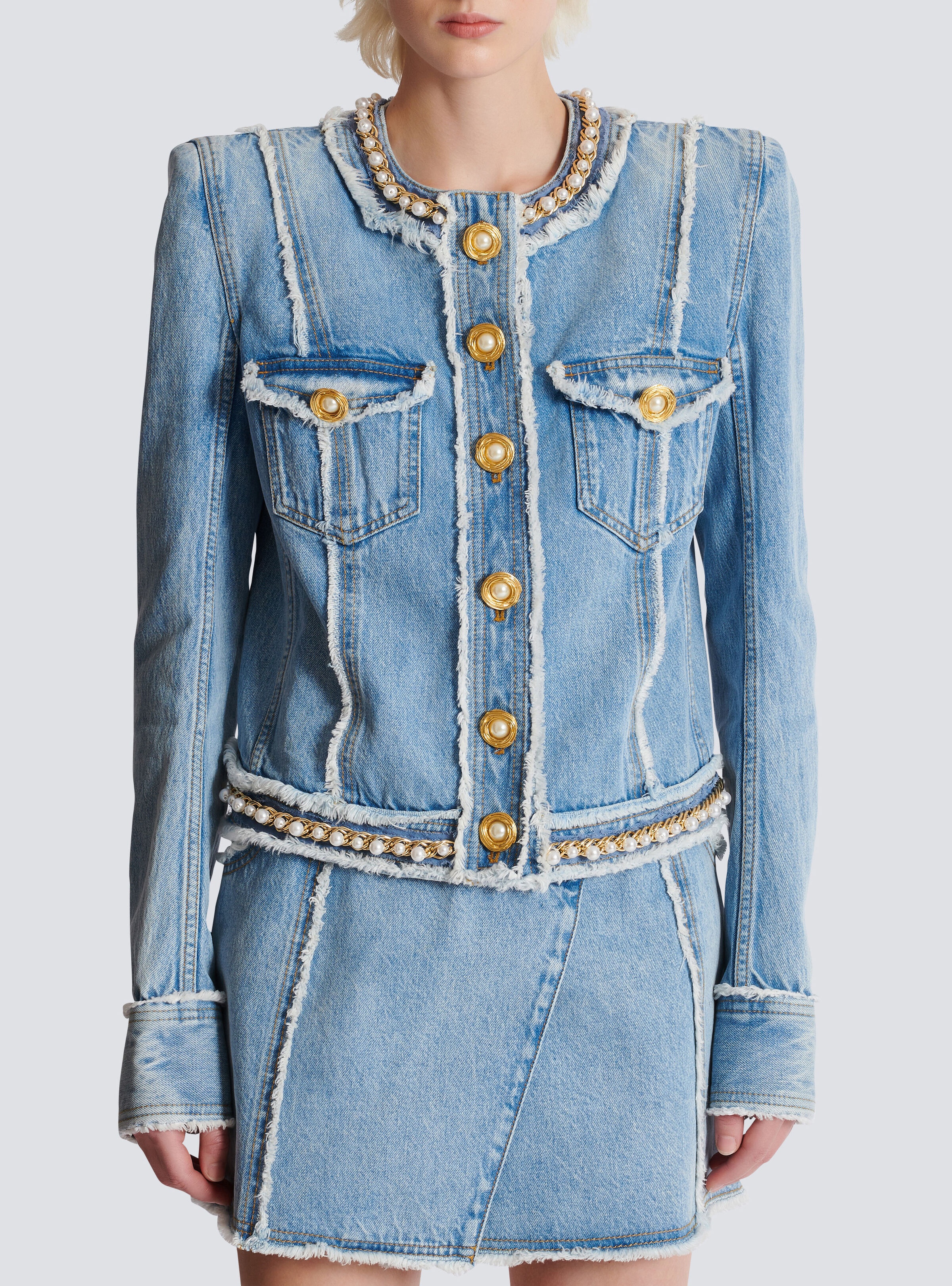 Denim jacket with pearl trim - 5
