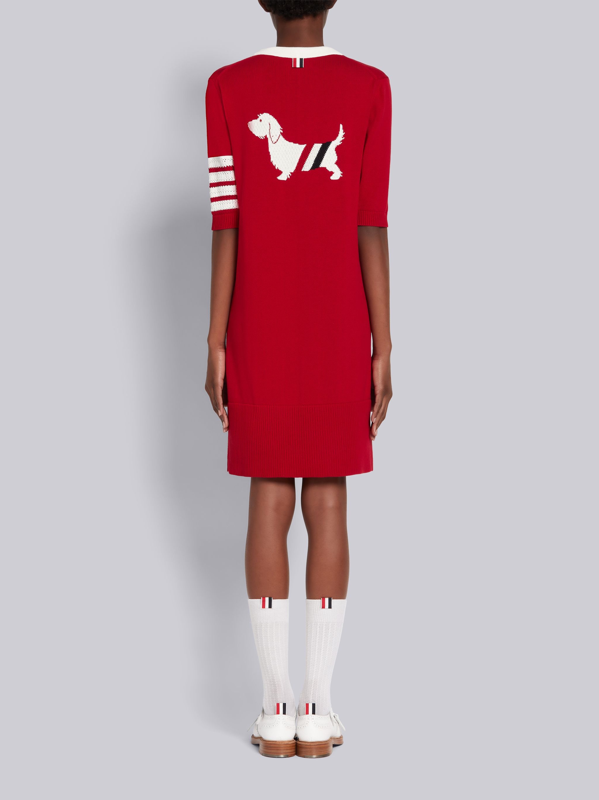 Red Cotton Hector Diagonal Stripe Icon Short Sleeve 4-Bar Mini Dress - 3
