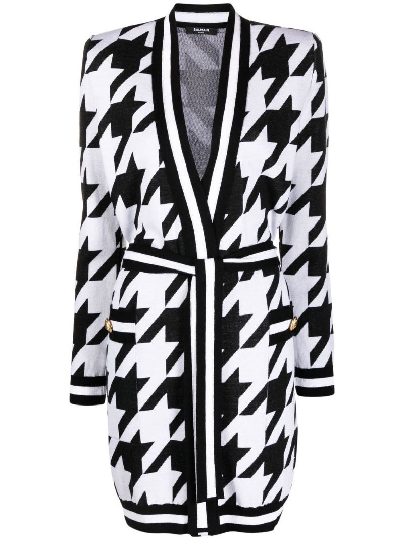 belted houndstooth-pattern cardigan - 1