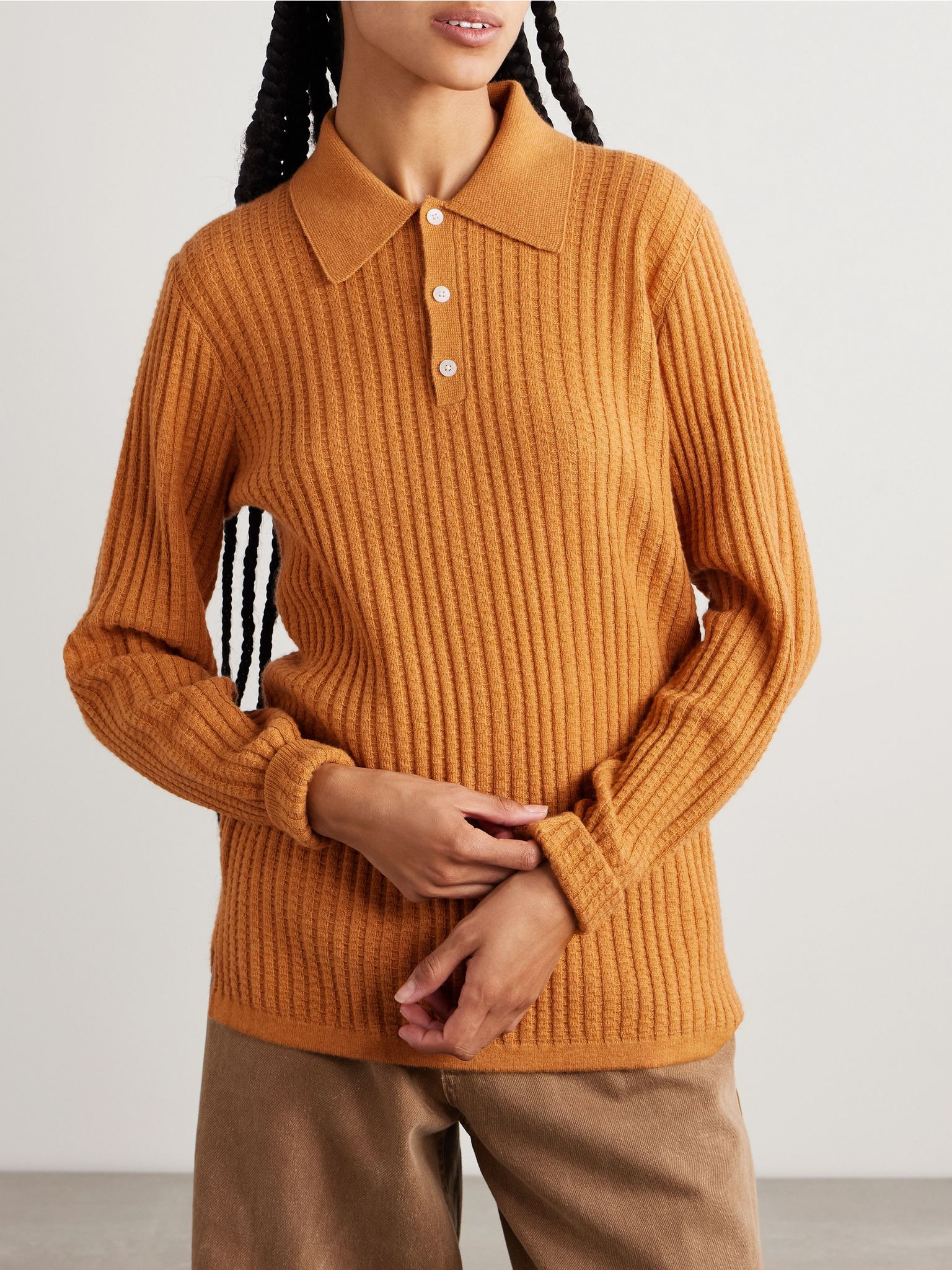 Ribbed waffle-knit cashmere polo sweater Mustard - 3