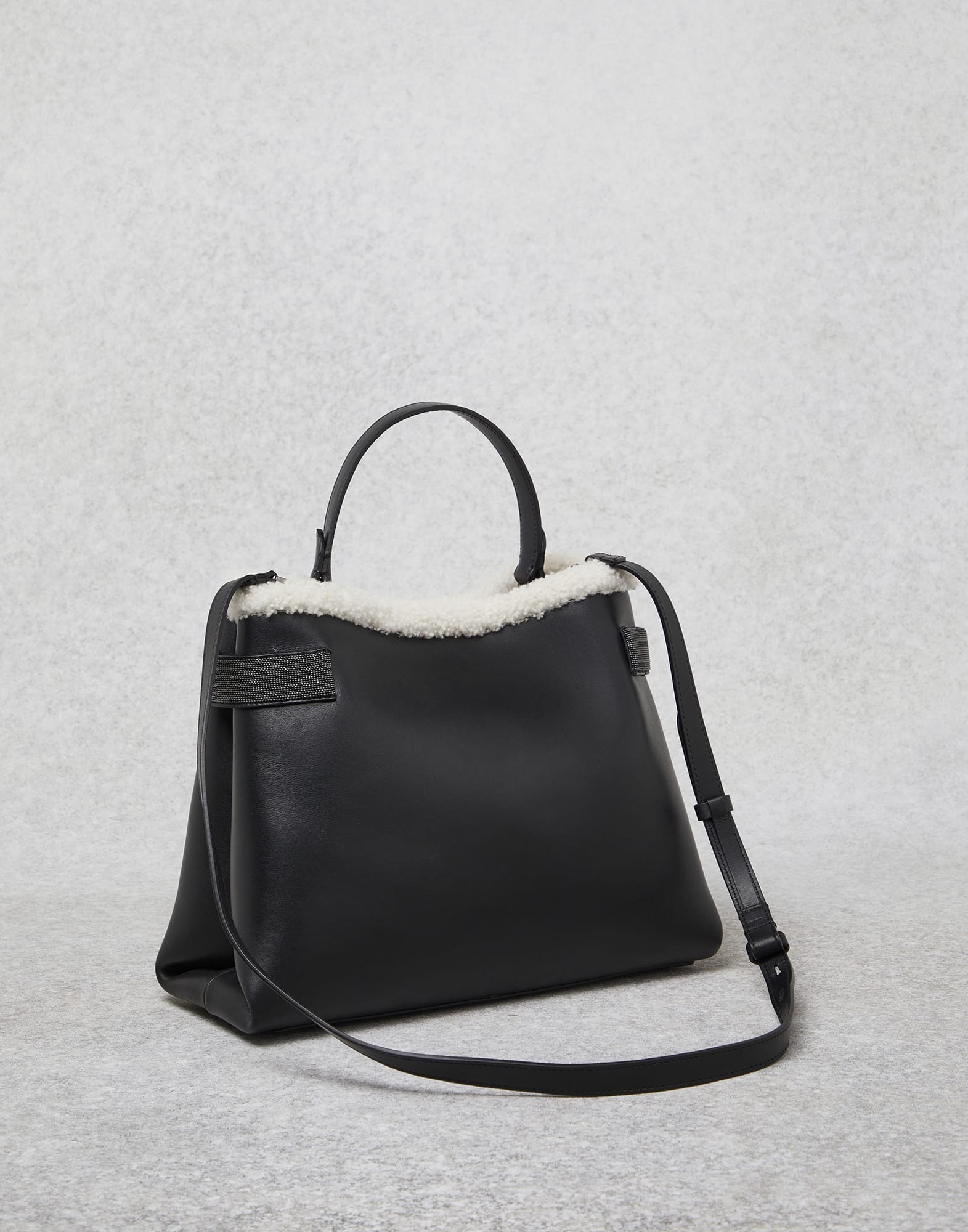 Matte calfskin bag with shearling trim and precious bands - 2