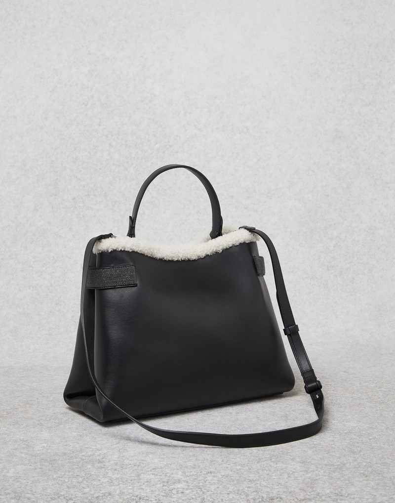 Brunello Cucinelli Matte calfskin bag with shearling trim and precious bands outlook