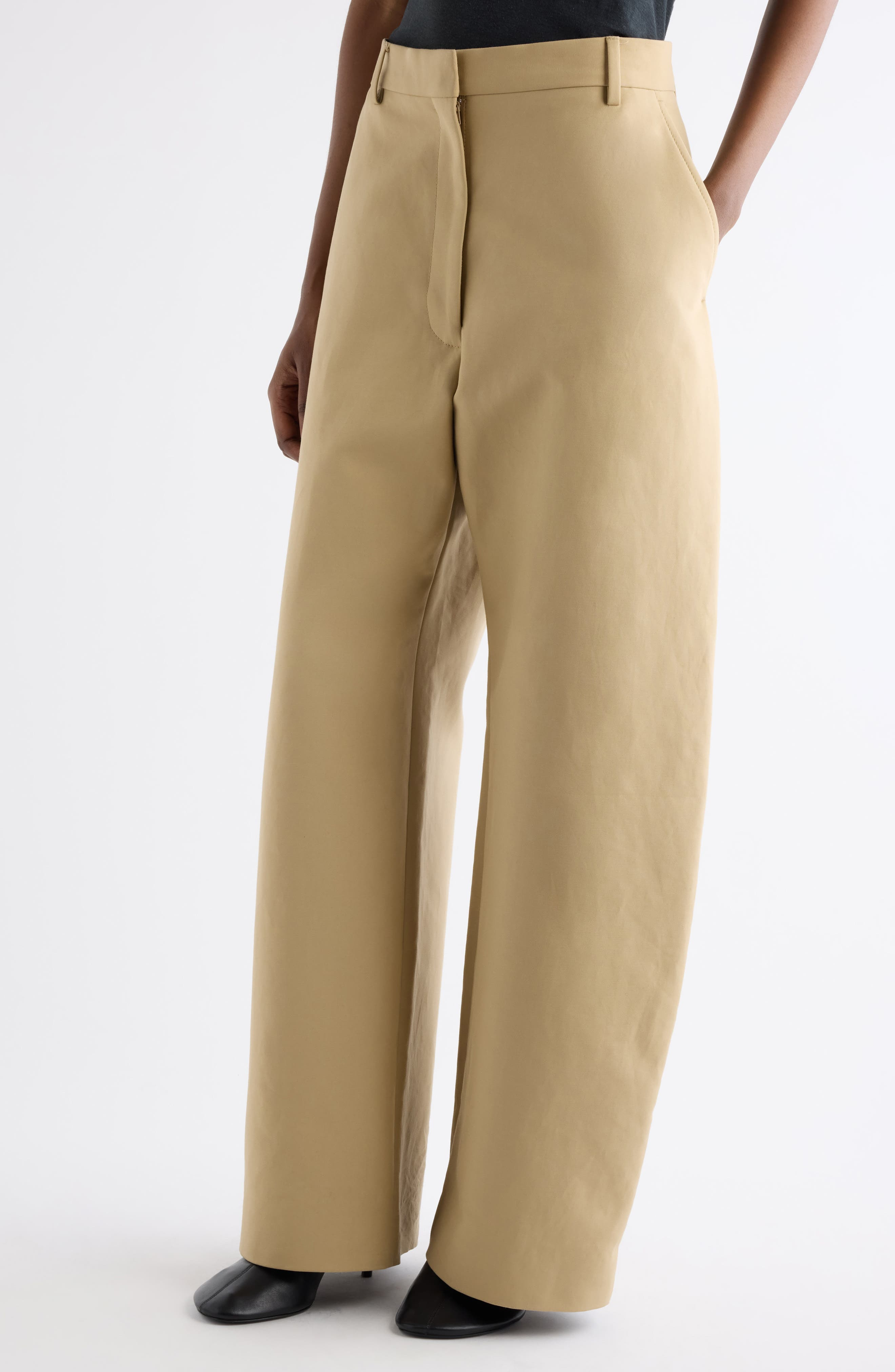 Acne Studios Pommy Tailored Organic Cotton Satin Wide Leg Trousers in Beige at Nordstrom - 5
