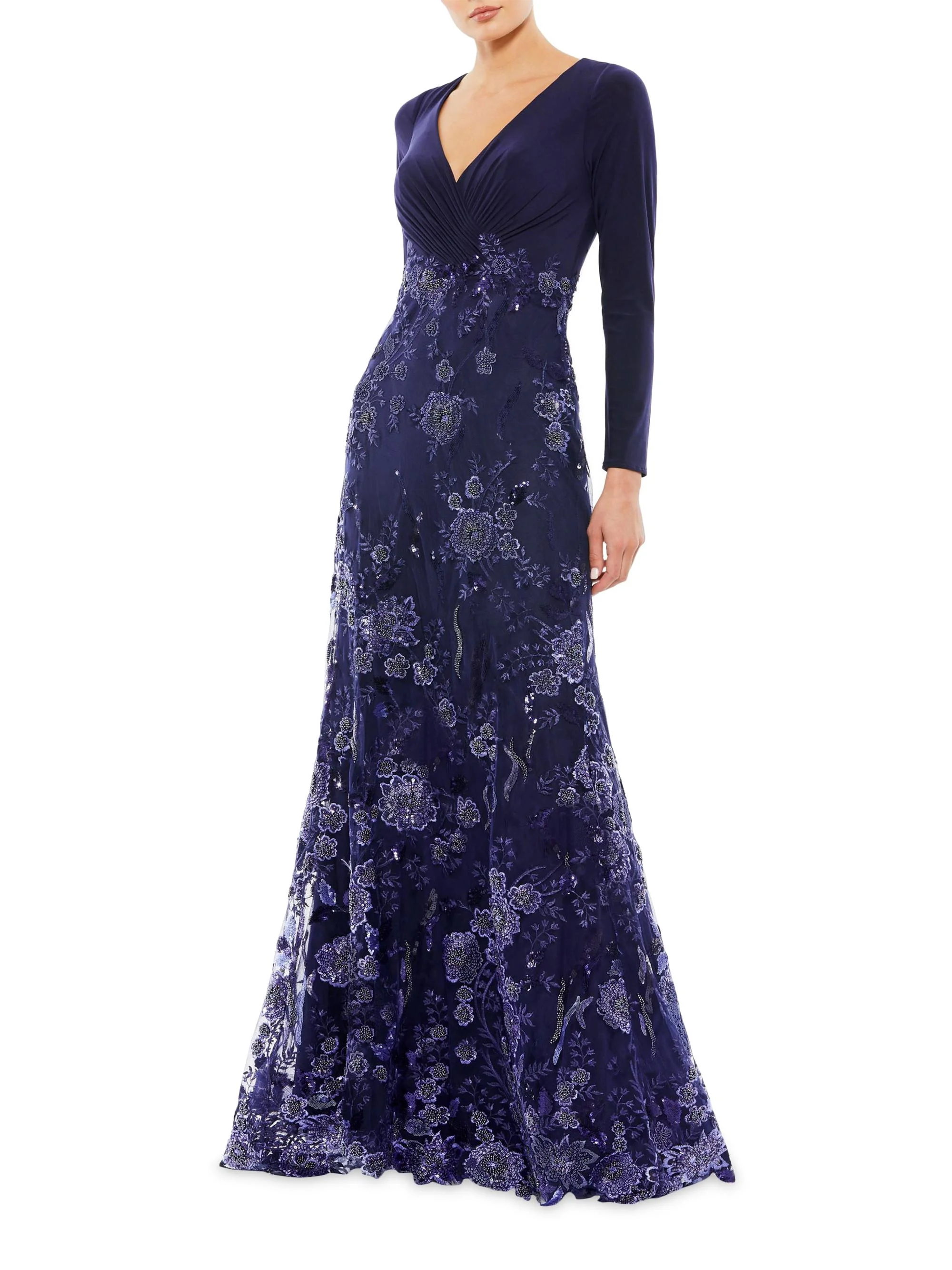 Women's Floral Sequin Long-Sleeve Gown - Midnight - 1