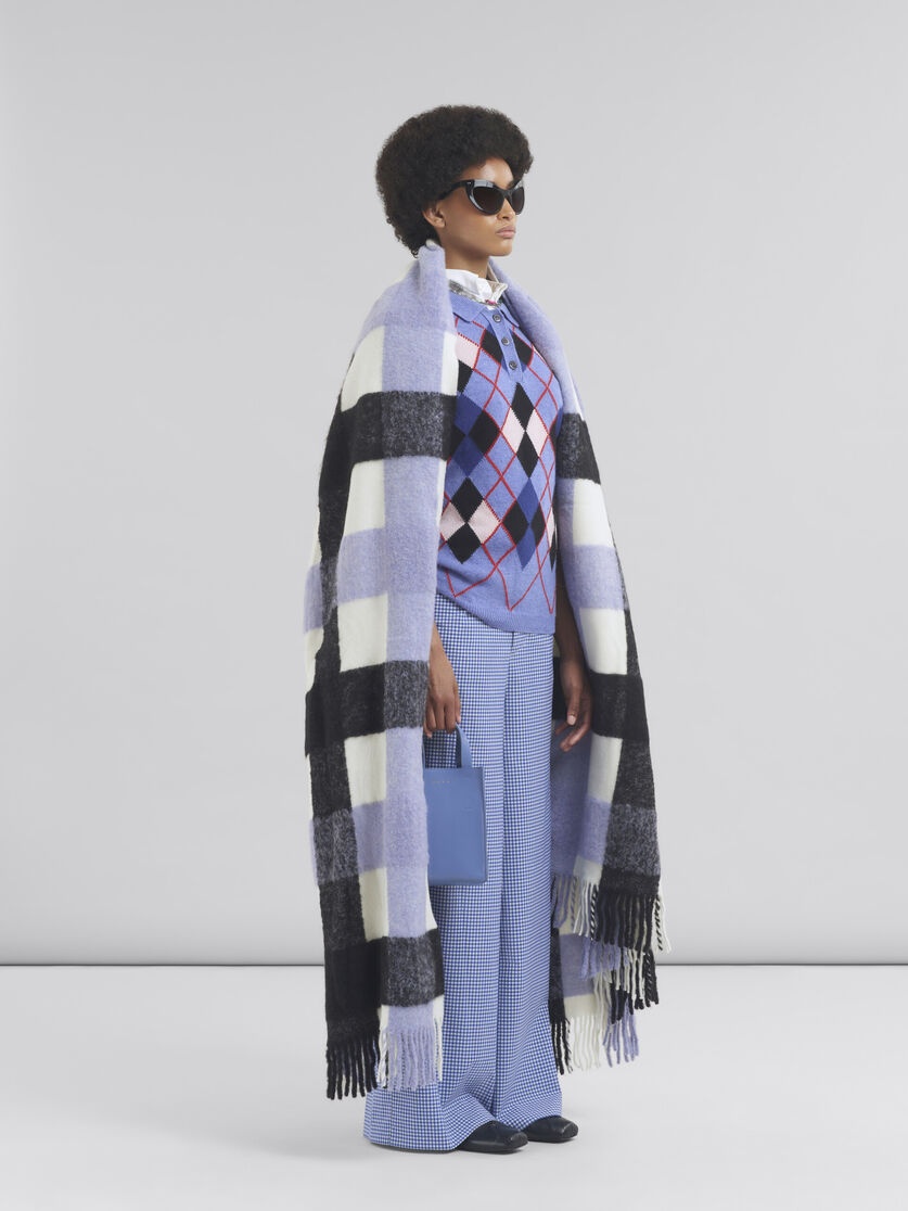 WOOL BLEND BLUE AND WHITE CHECKED DRAWSTRING TROUSERS - 5