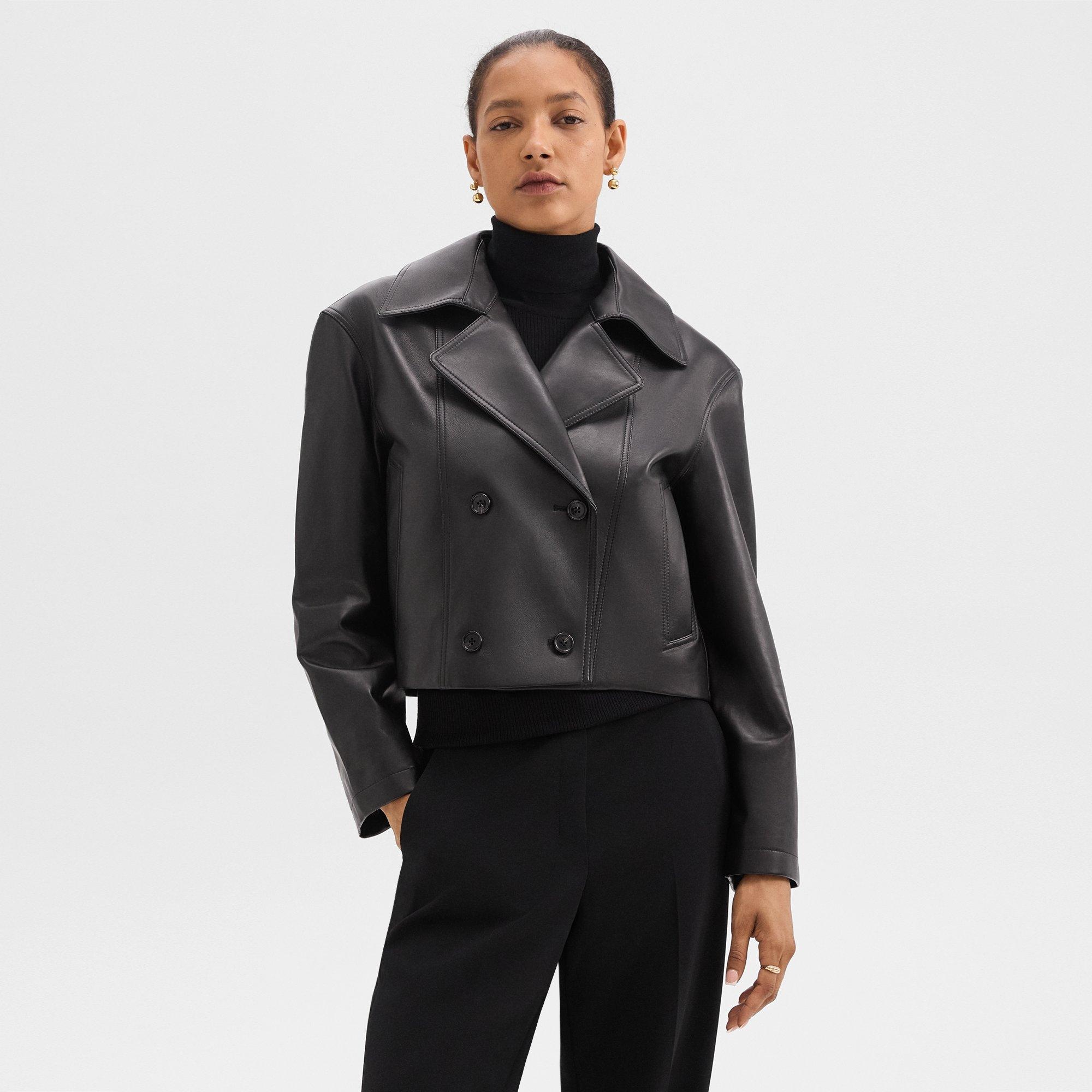 Double-Breasted Crop Trench in Leather - 2