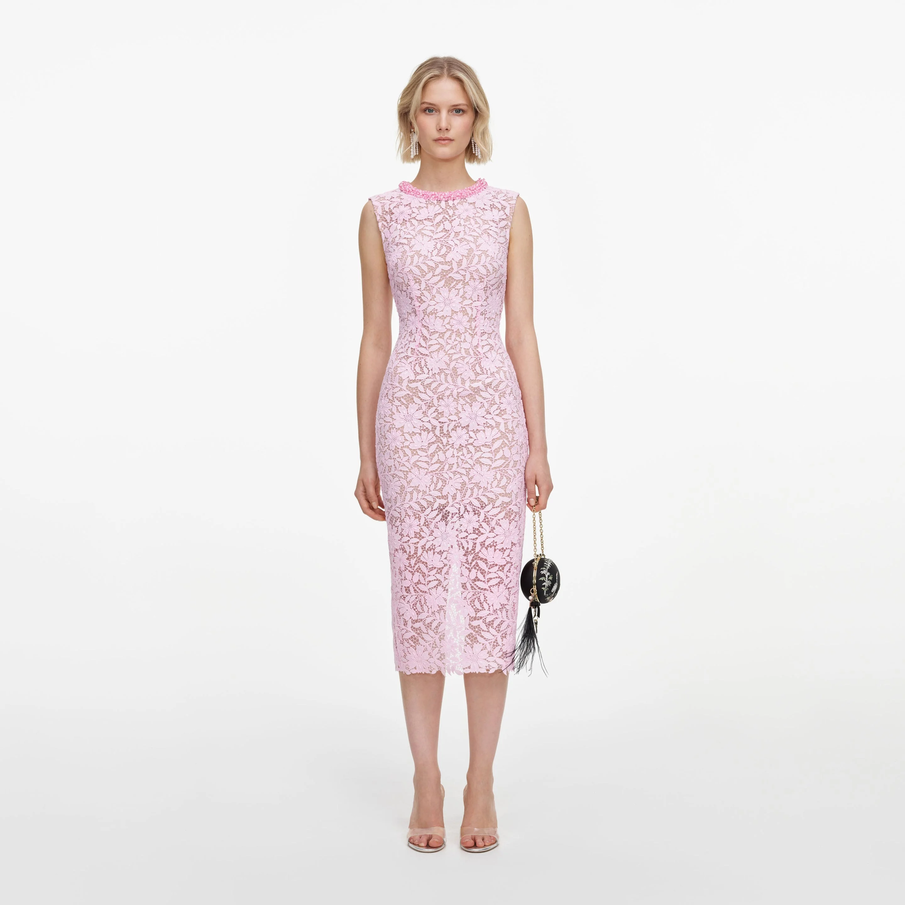 Pink Lace Beaded Trim Midi Dress - 1