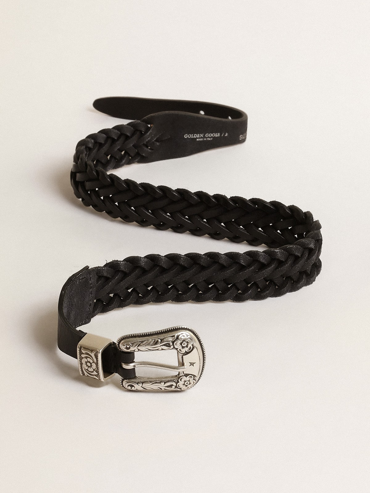 Belt in black braided leather with silver color buckle - 4