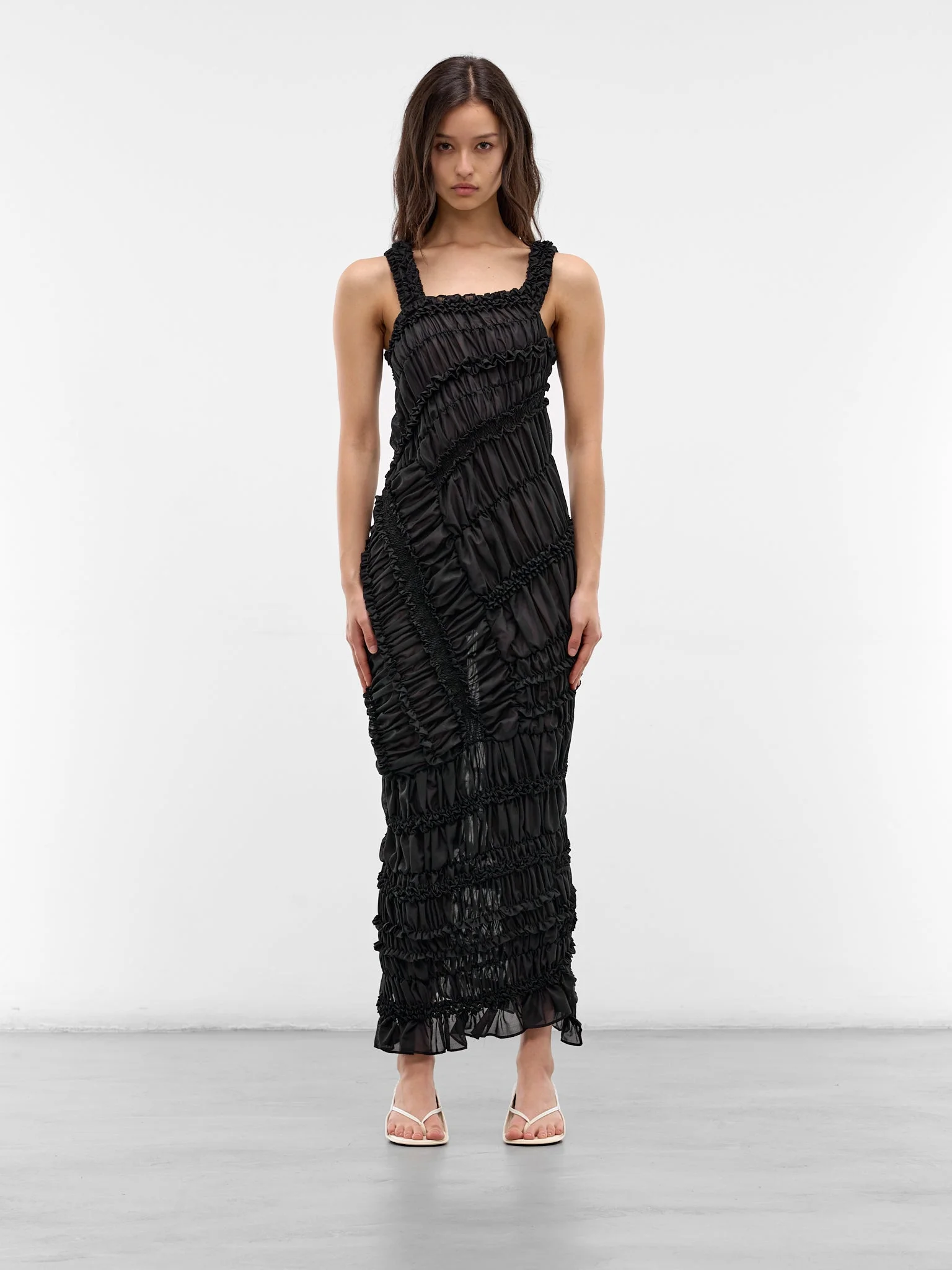 Black Cotton Ruffle Ruching Dress - 1