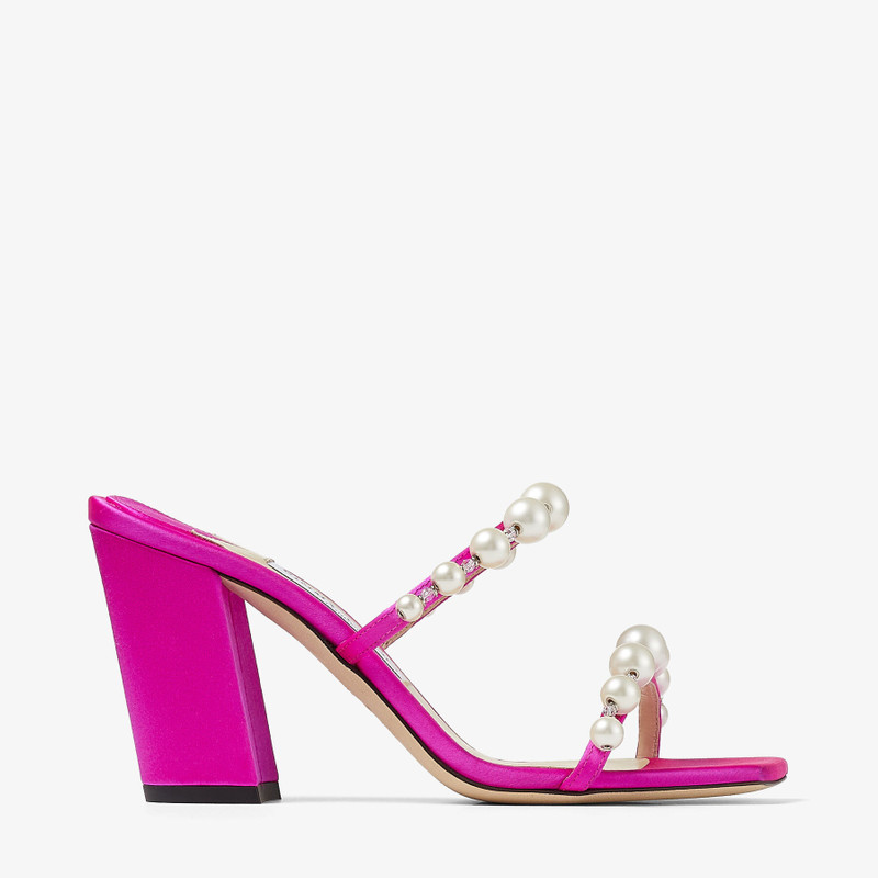 Amara 85 Fuchsia Satin Mules with Pearl Embellishment 1