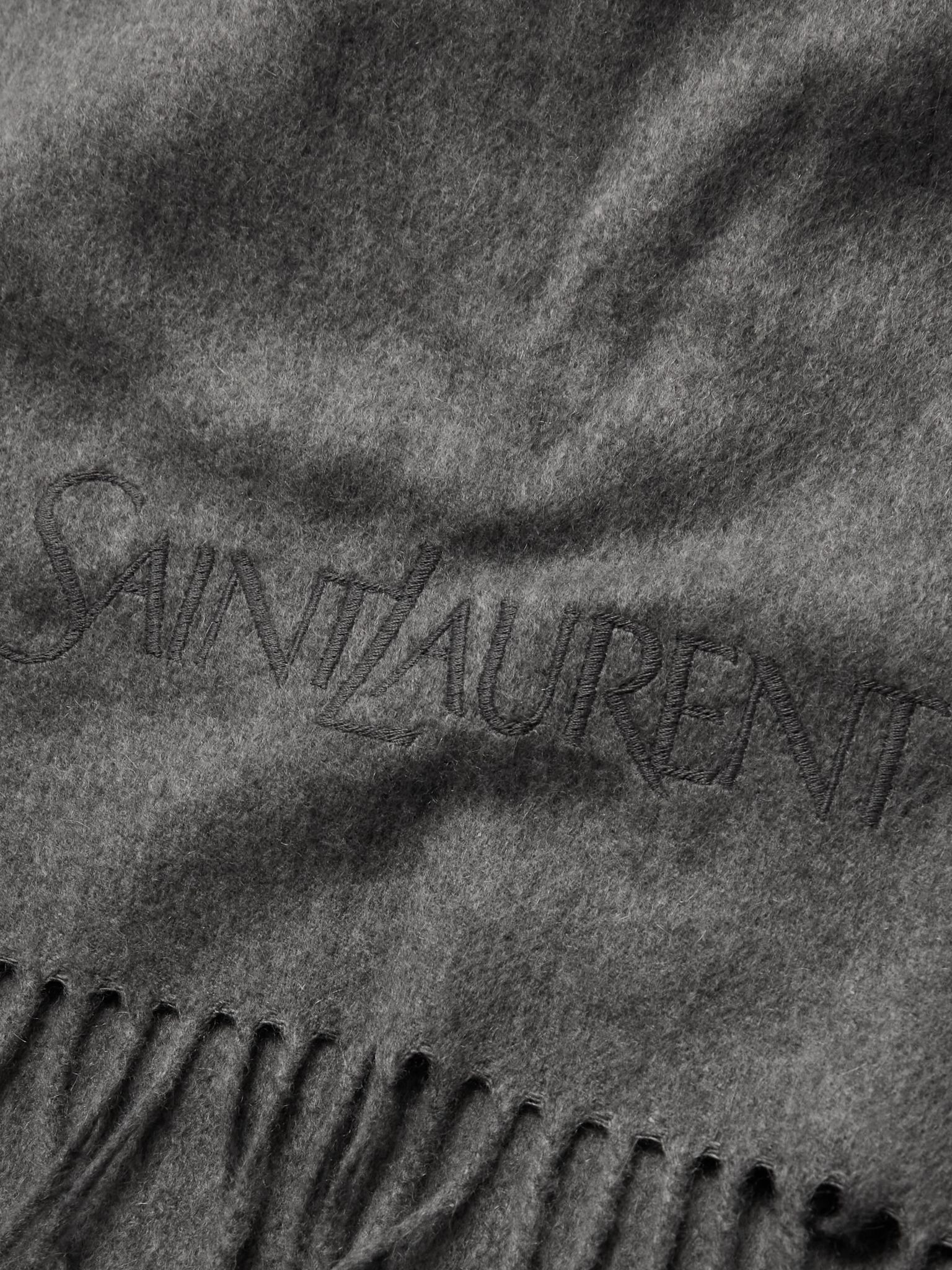 Logo-Embroidered Fringed Cashmere Scarf Gray - 3