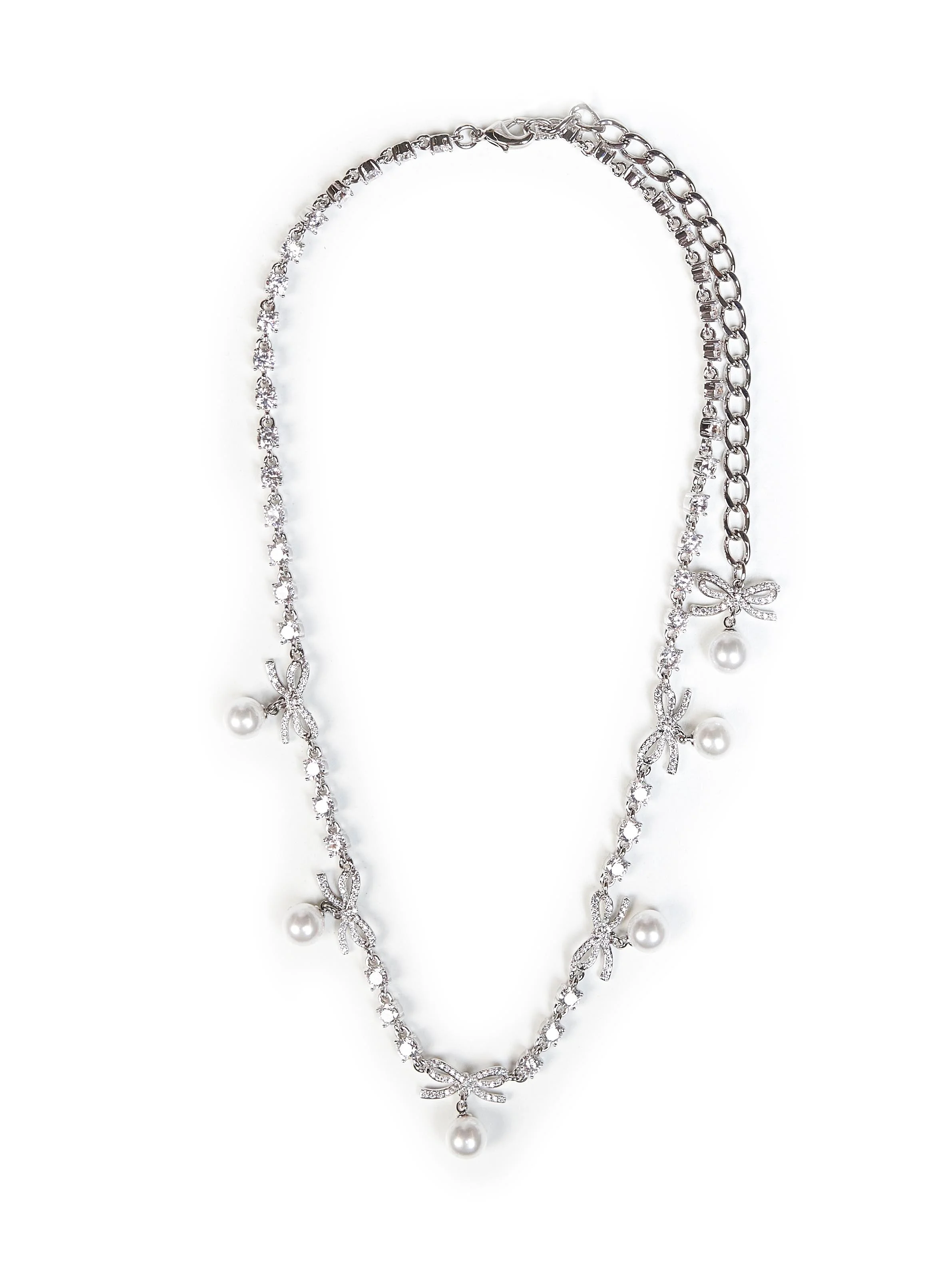 Silver crystal bow pearl charm necklace - 1