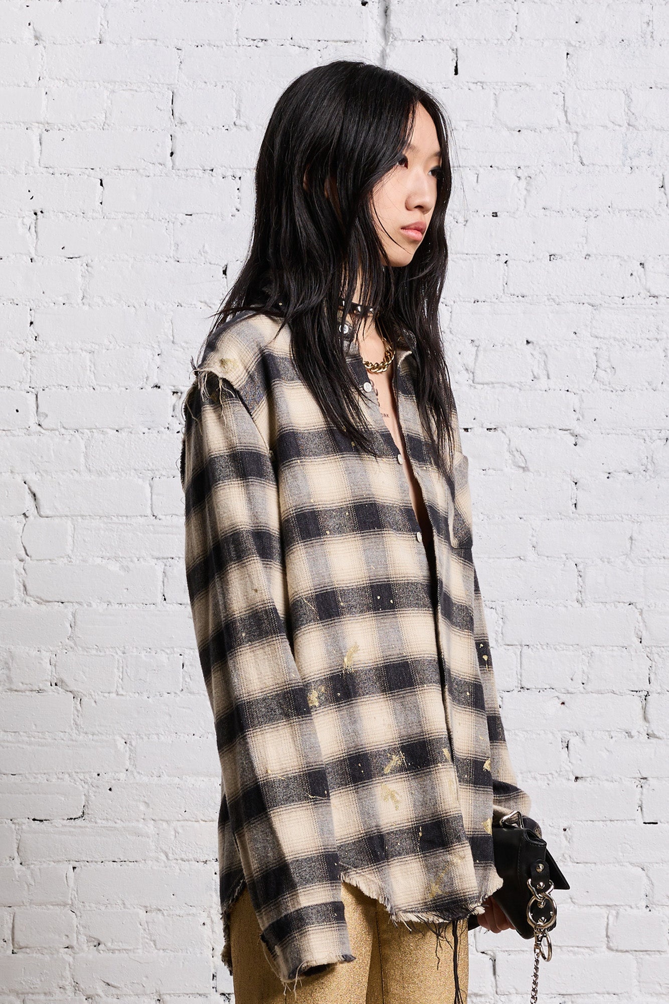 SHREDDED SEAM SHIRT - GOLD SPLATTERED BLACK PLAID - 5
