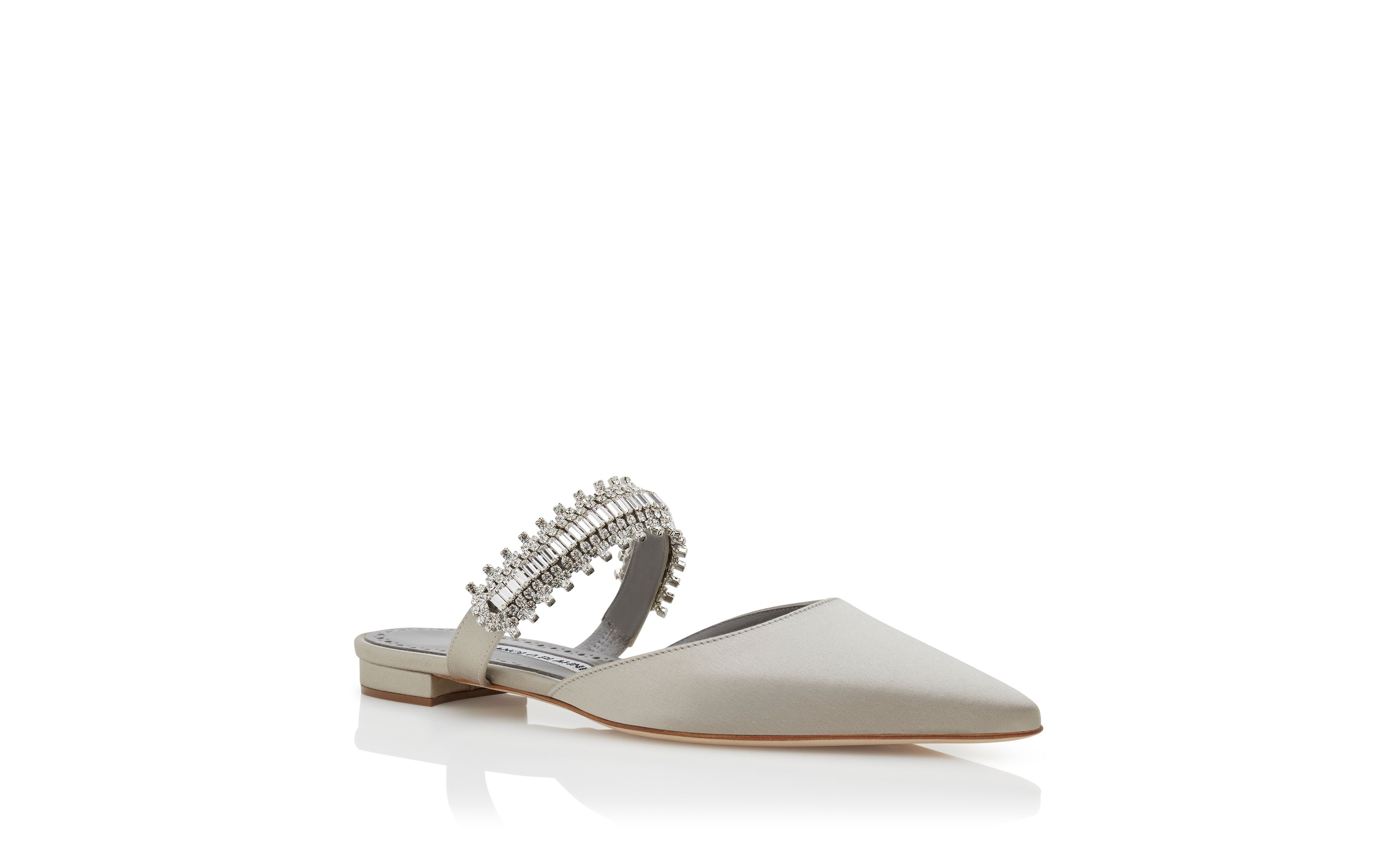 Light Grey Satin Crystal Embellished Flat Mules - 3