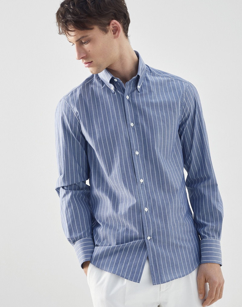 Lightweight striped poplin slim fit shirt with button-down collar 1