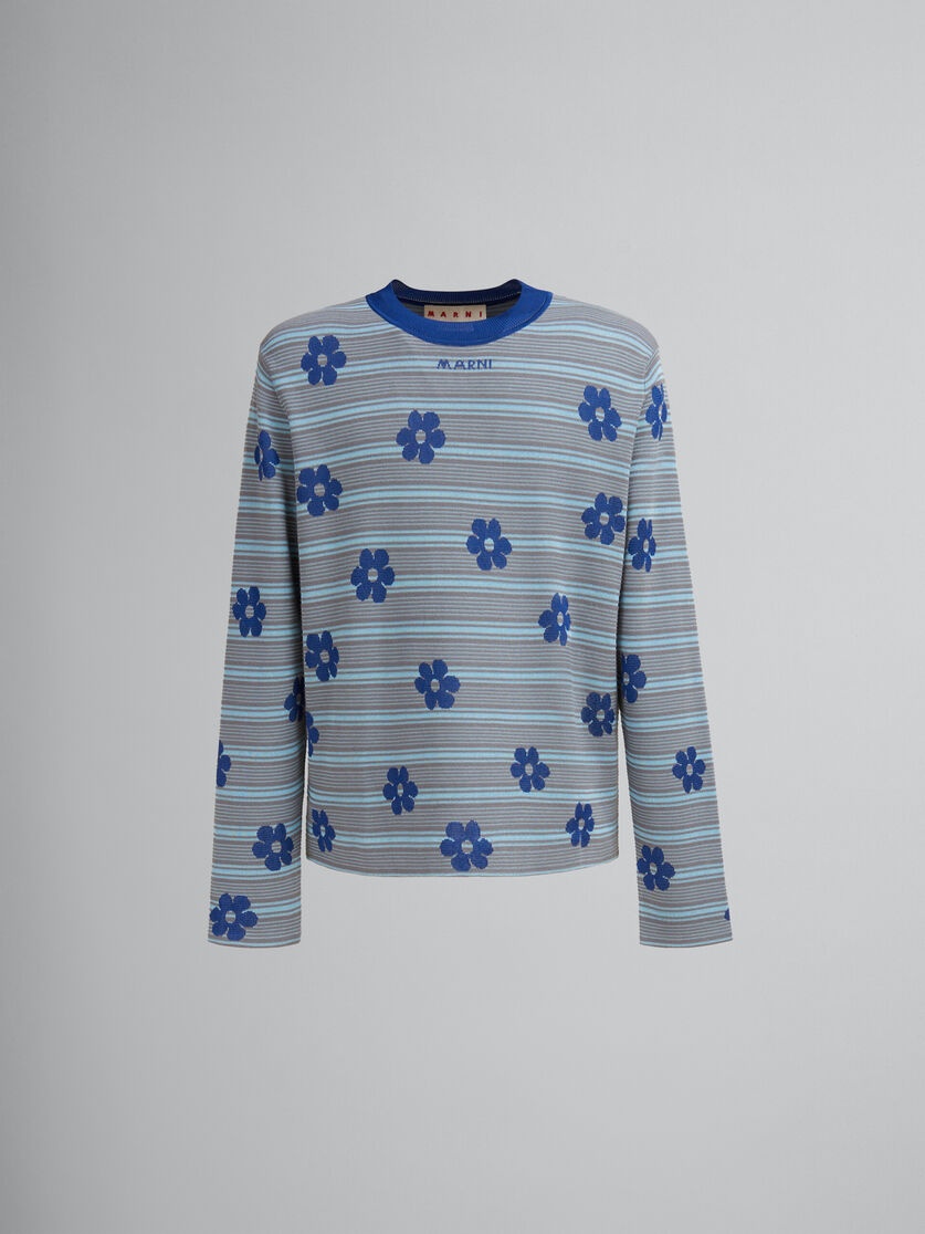BLUE COTTON-VISCOSE STRIPED JUMPER WITH FLORAL MOTIF - 1