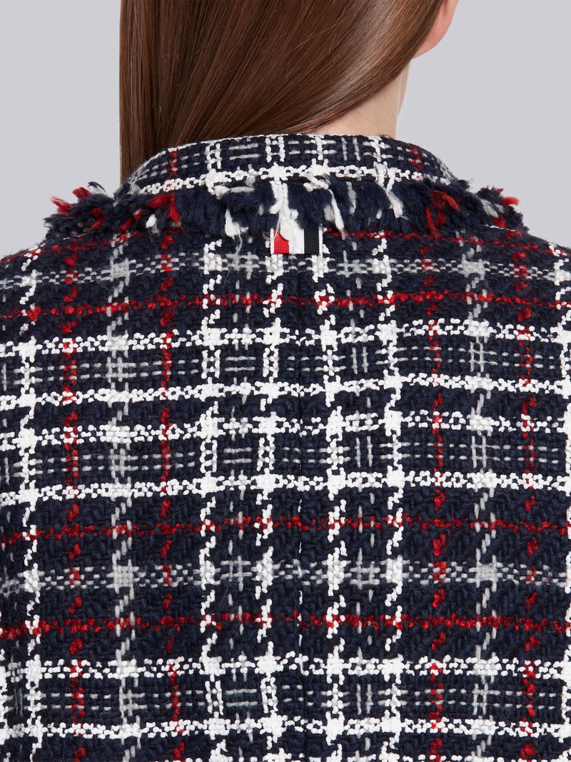 Navy Check Tweed Frayed Edge Ticket Pocket Long Chesterfield Overcoat 5