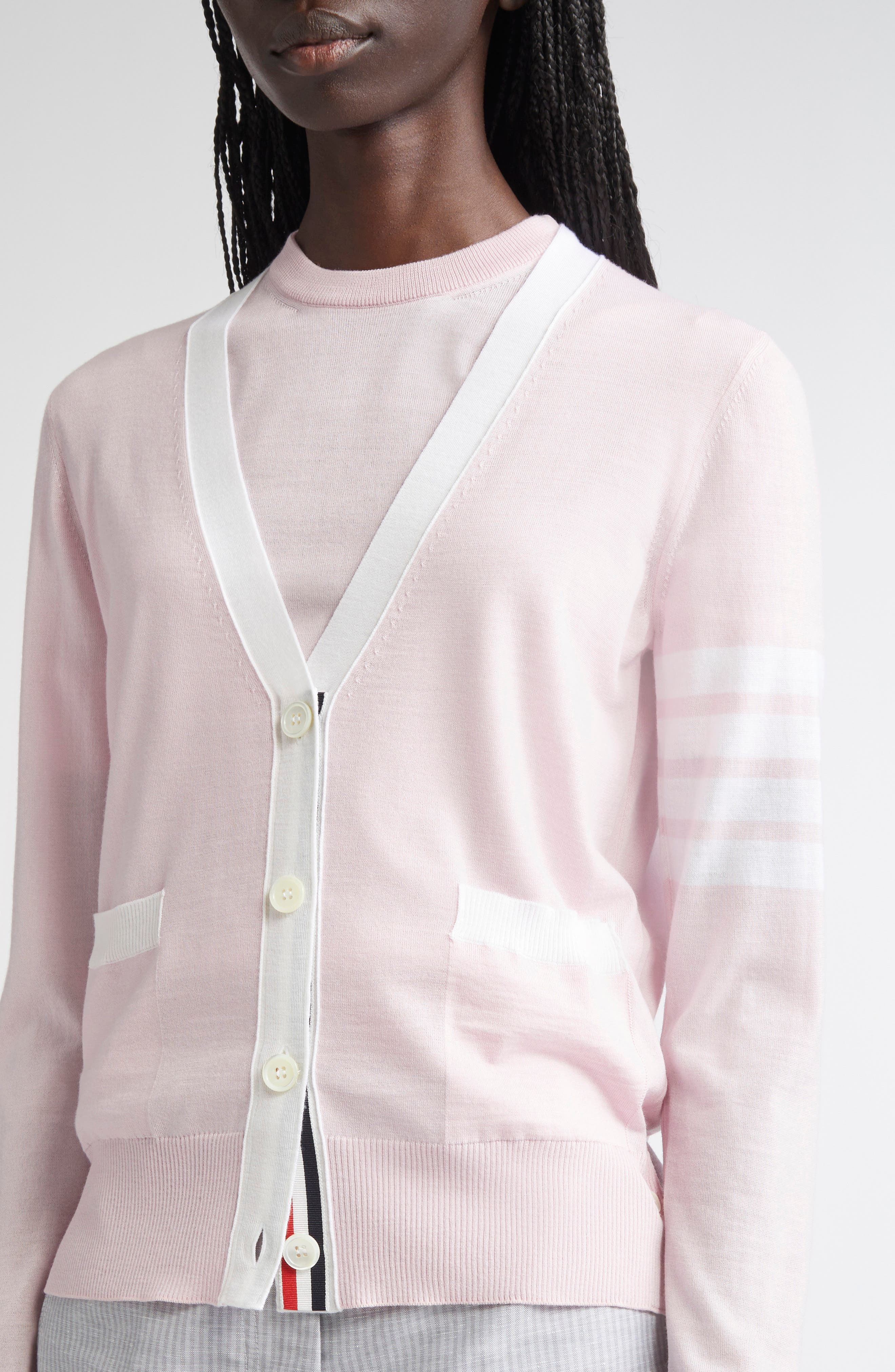 Thom Browne 4-Bar Relaxed Fit V-Neck Virgin Wool Cardigan in Light Pink at Nordstrom - 5