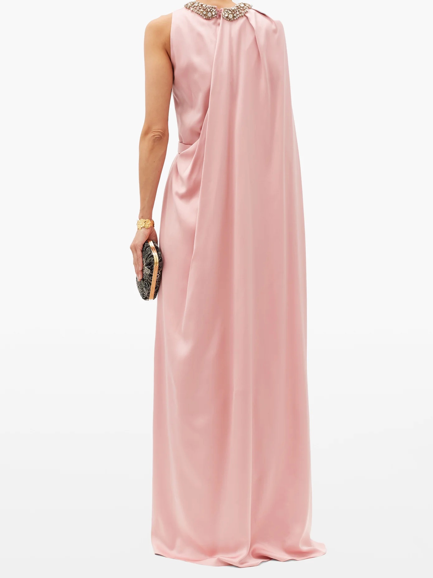 Crystal-neckline cape-shoulder silk-satin gown - 5