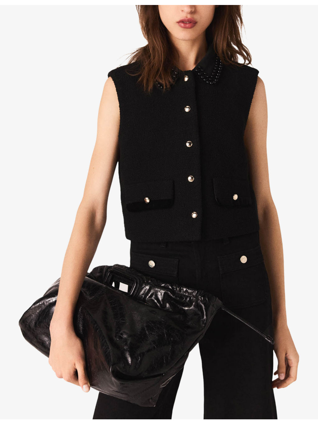 Velvet-Trim Pearl-Embellished Stretch-Tweed Top - 3