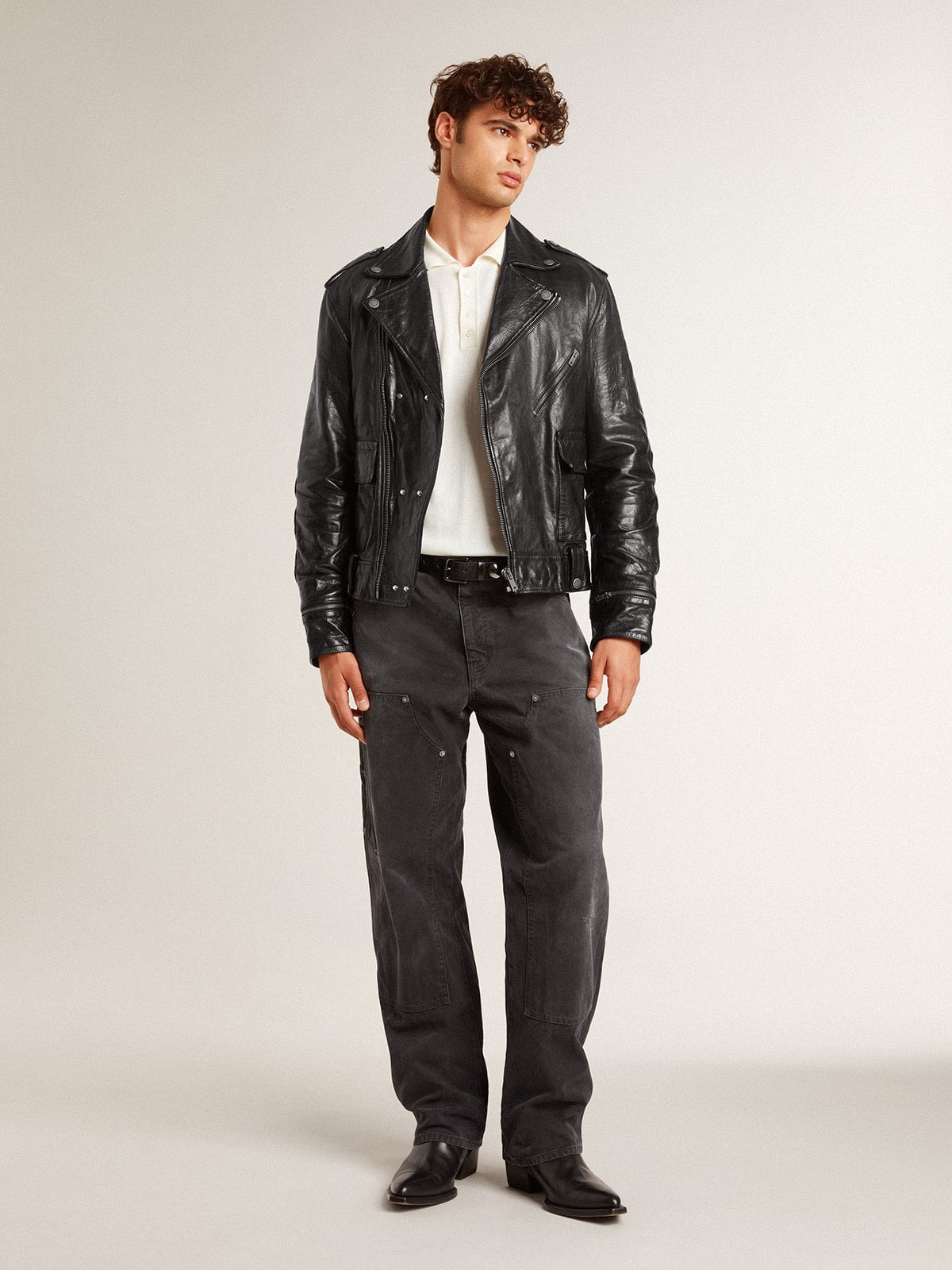 Men's black leather biker jacket with glossy effect - 4