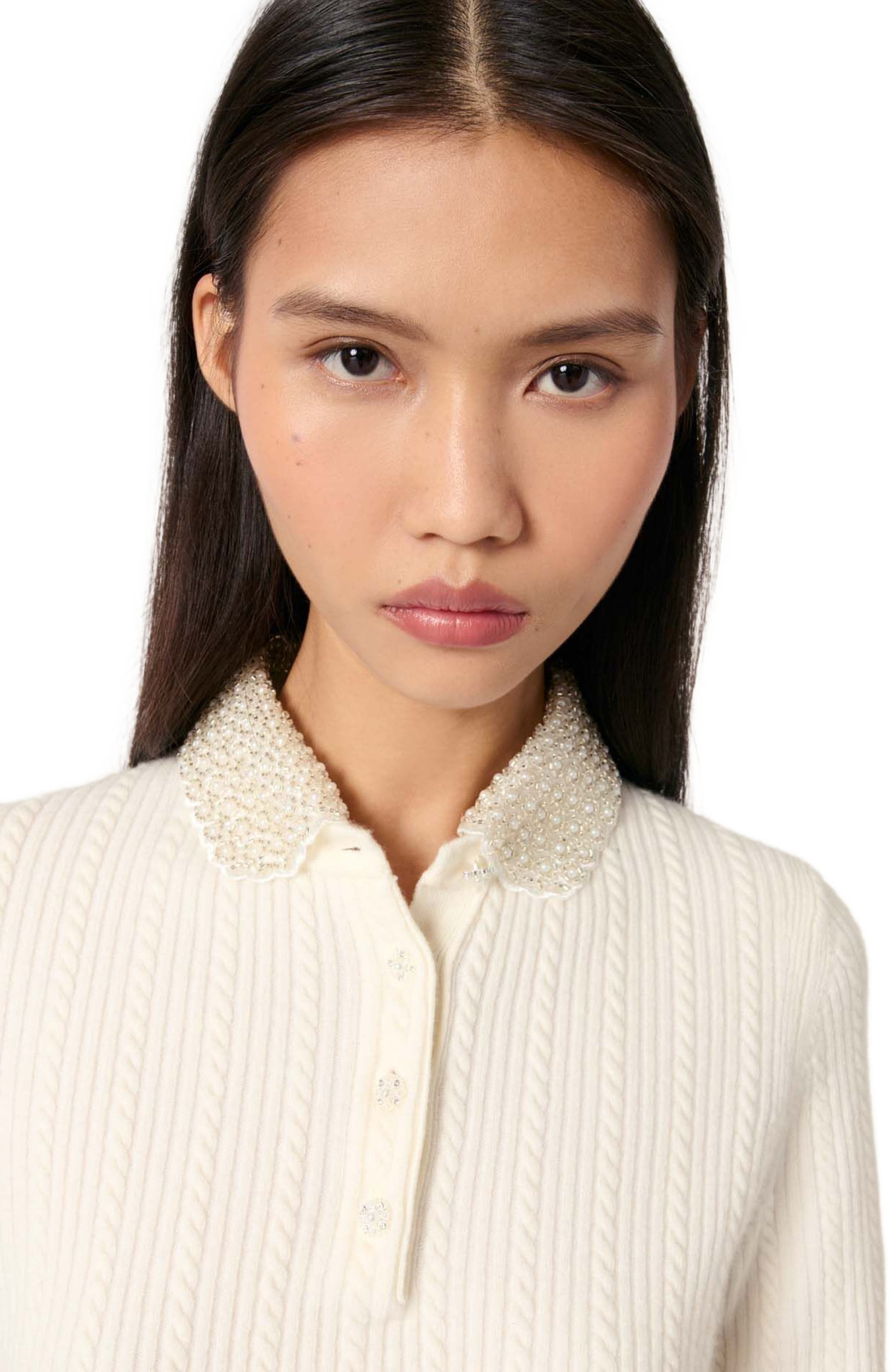 maje Removable collar knit polo shirt in Ecru at Nordstrom - 5
