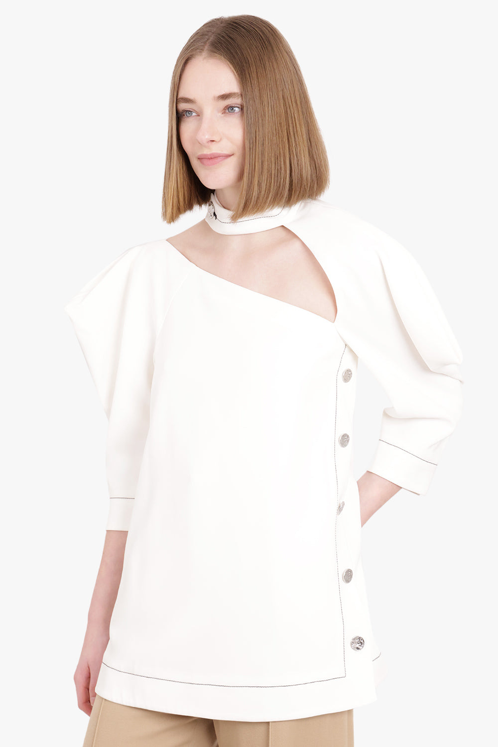 ASYMMETRIC CUTOUT BLOUSE 3/4SL OFF WHITE - 2