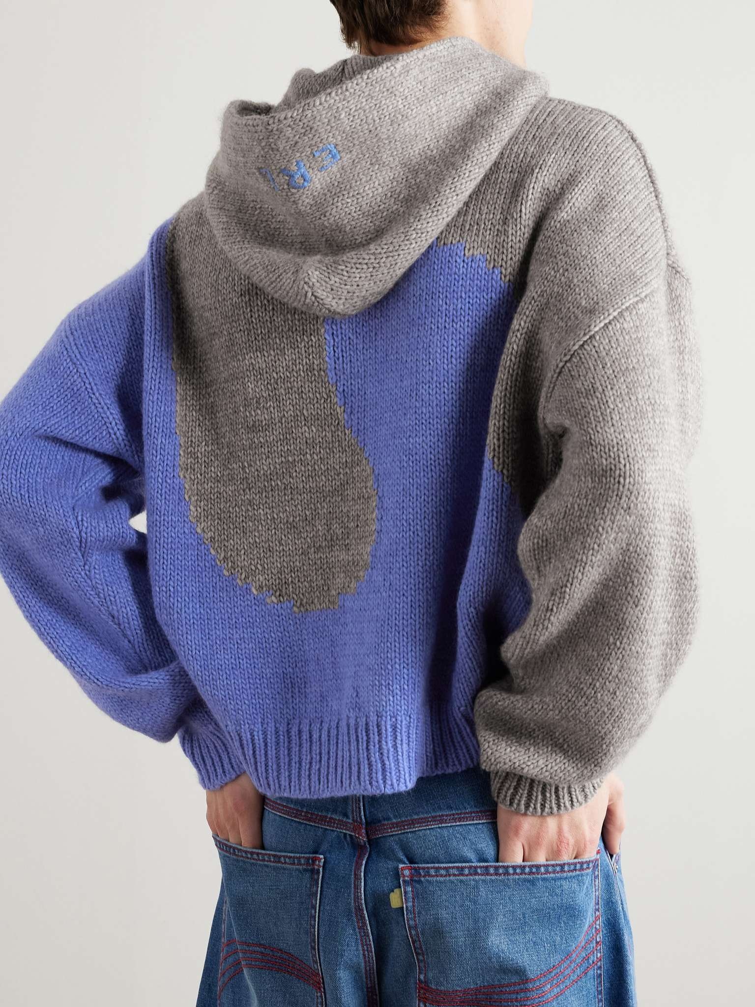 Swirl Cropped Logo-Embroidered Two-Tone Intarsia-Knit Hoodie - 3