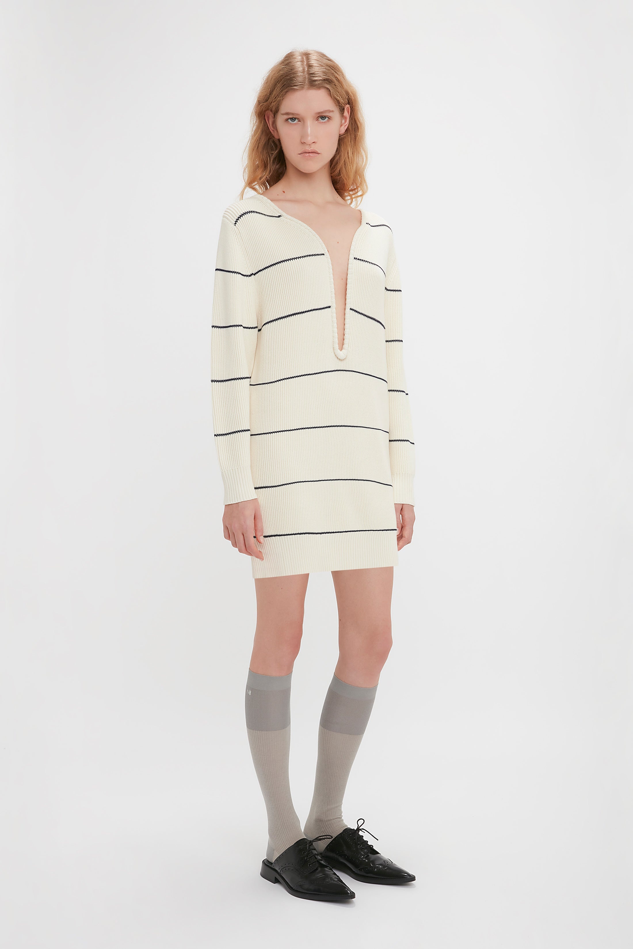 Frame Detail Jumper Dress In Natural-Navy - 3