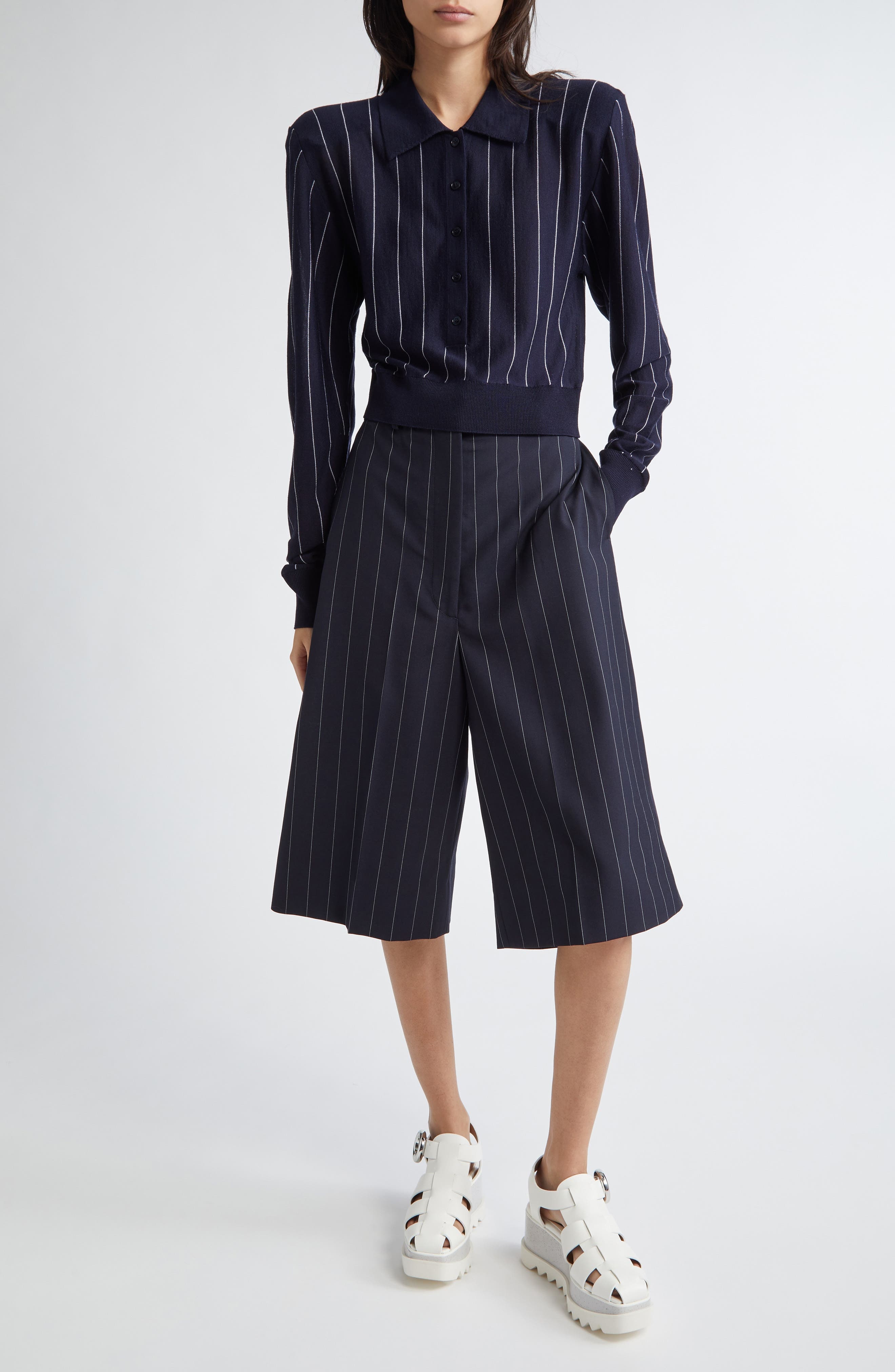 Stella McCartney Pinstripe Long Sleeve Virgin Wool Crop Polo in Ink/White at Nordstrom - 2