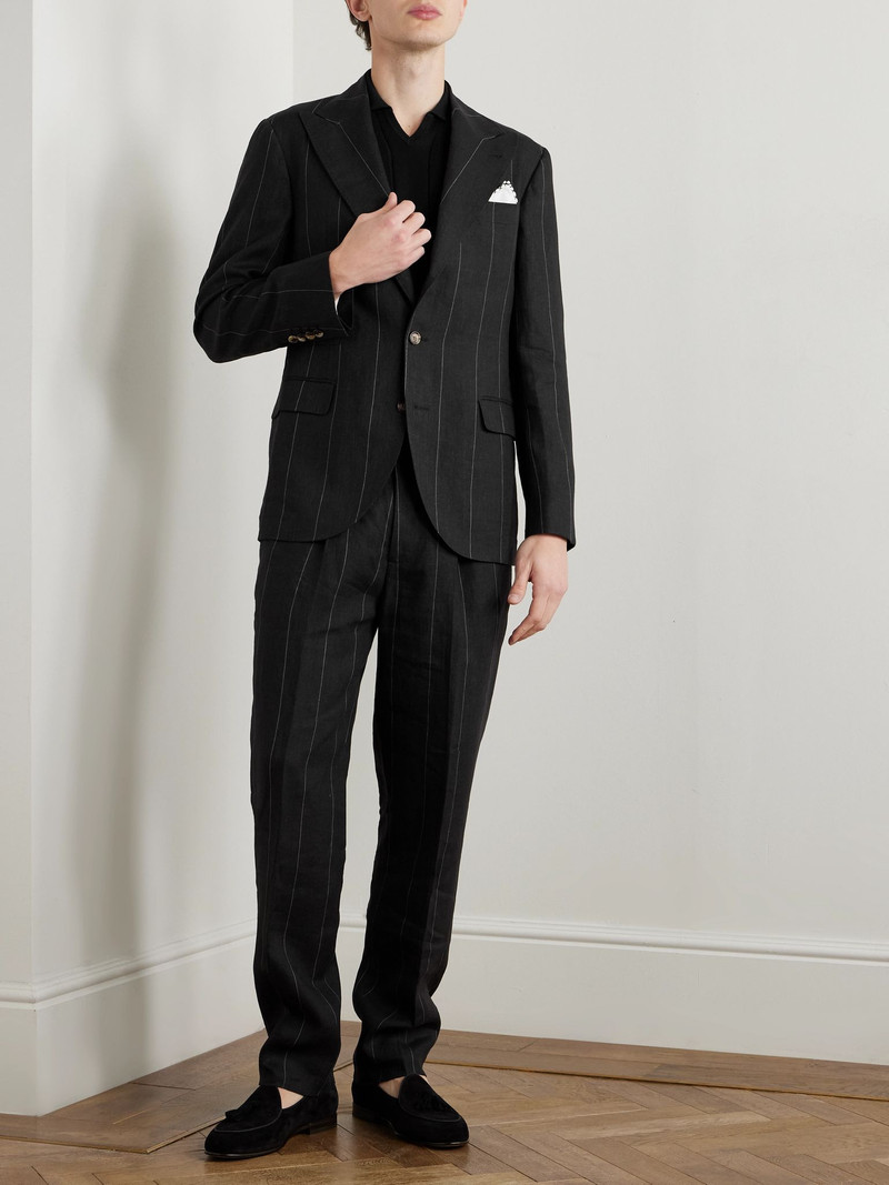 Brunello Cucinelli Pinstriped Linen Suit Jacket Black outlook