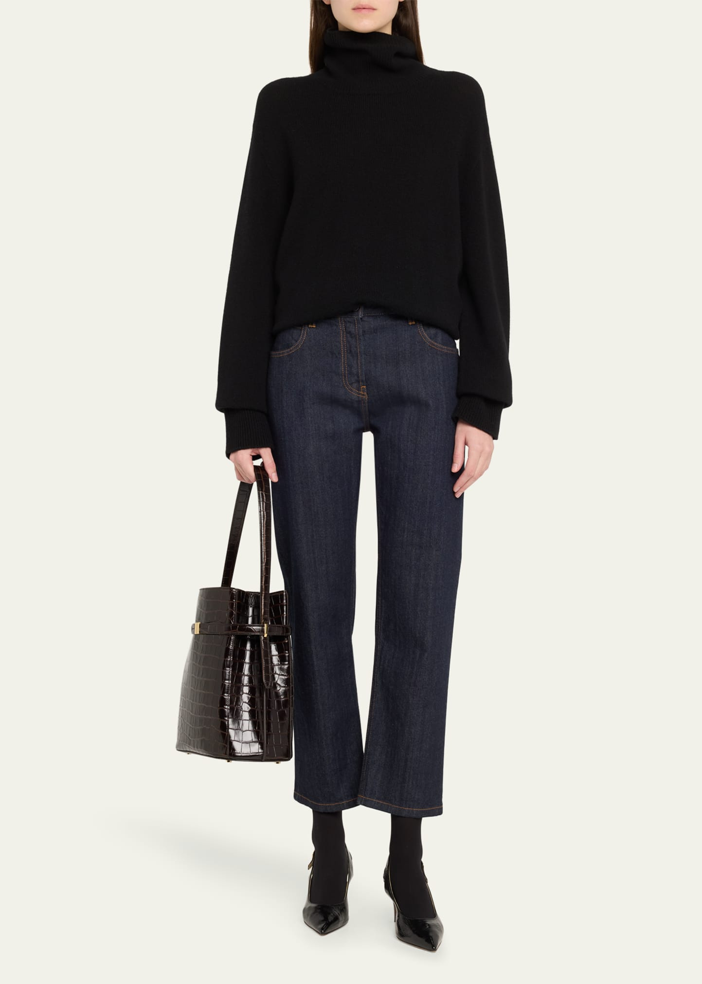 Belted Croc-Embossed Leather Bucket Bag - 6