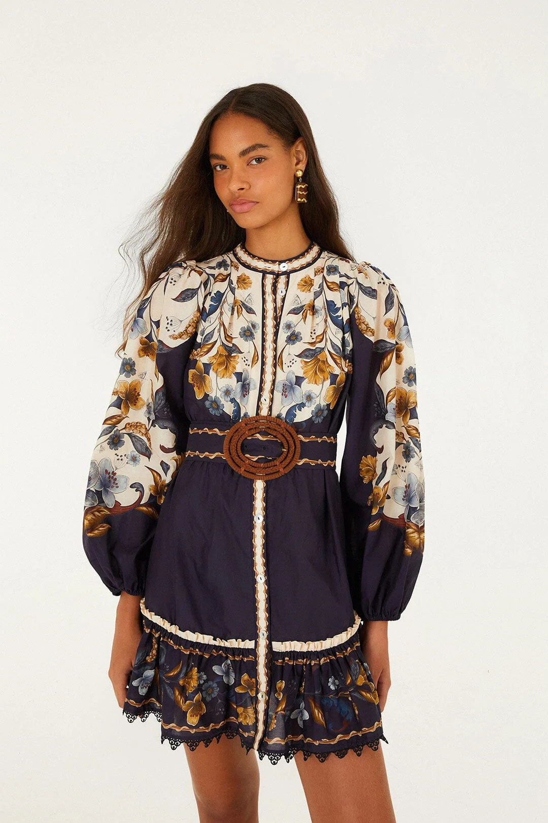 Golden Nature Belted Long Sleeve Mini Dress - 1