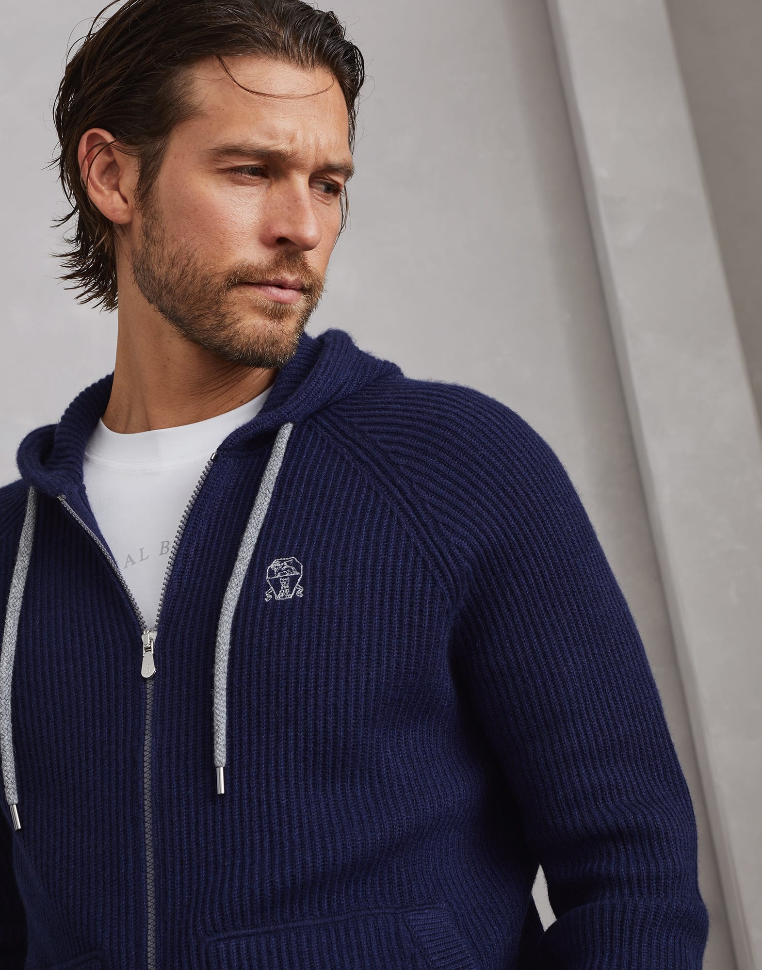 Cashmere English rib knit sweatshirt with hood - 3
