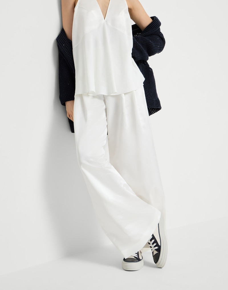 Cotton and silk satin loose pleated trousers with monili 5