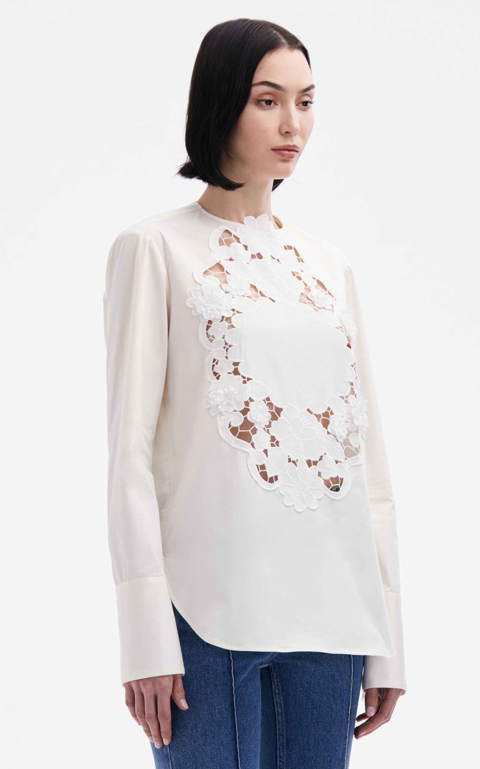 Floral-Appliquéd Cotton-Poplin Blouse white - 6