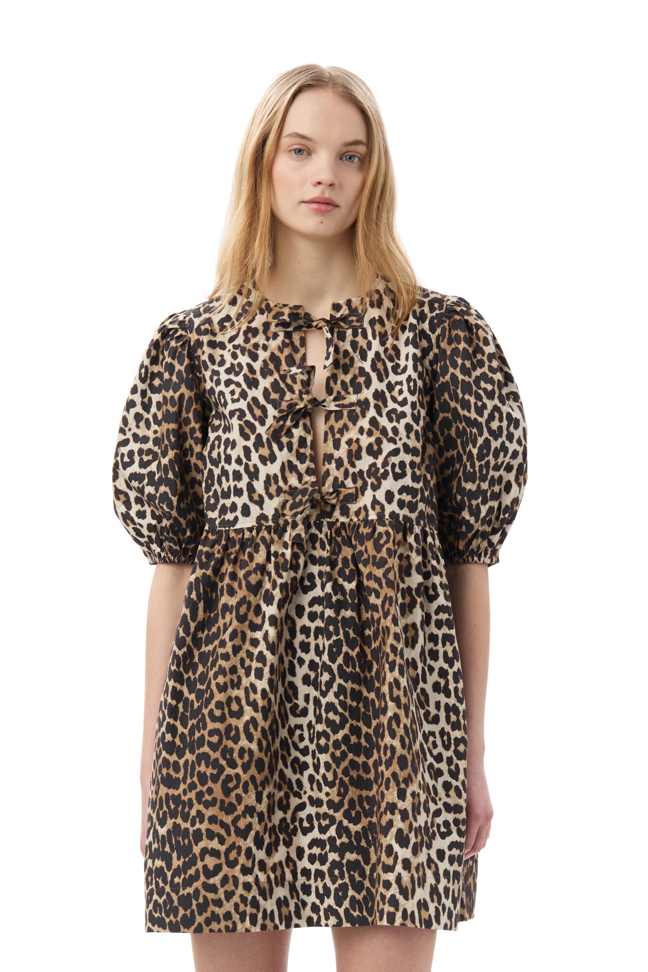 LEOPARD PRINTED COTTON TIE STRING MINI DRESS - 4