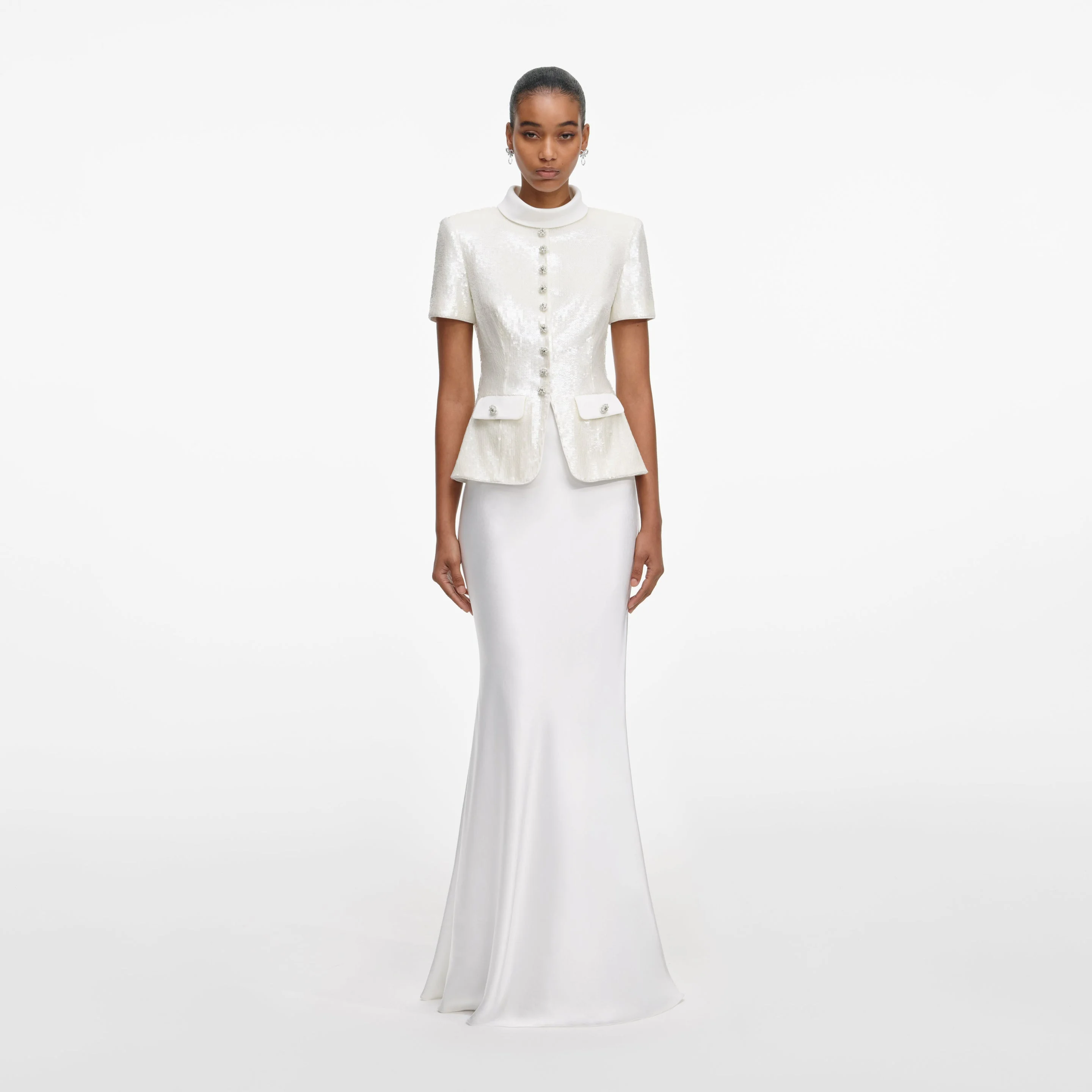 White Sequin Tailored Maxi Dress - 1
