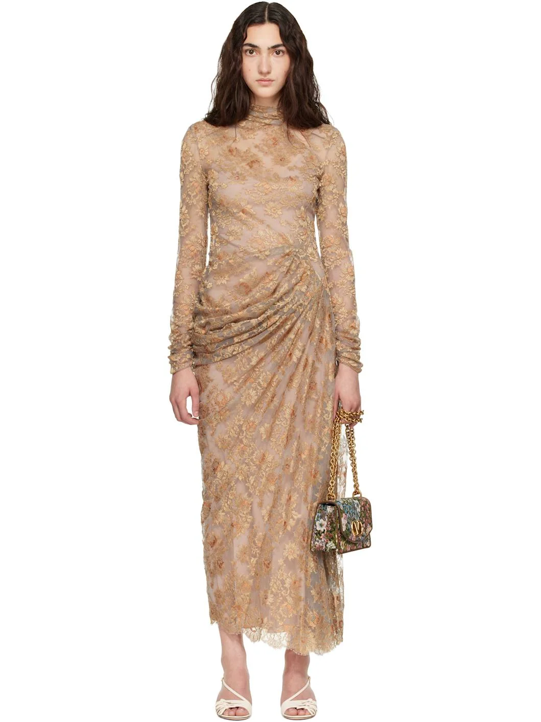 Beige Feather Lace Maxi Dress - 1