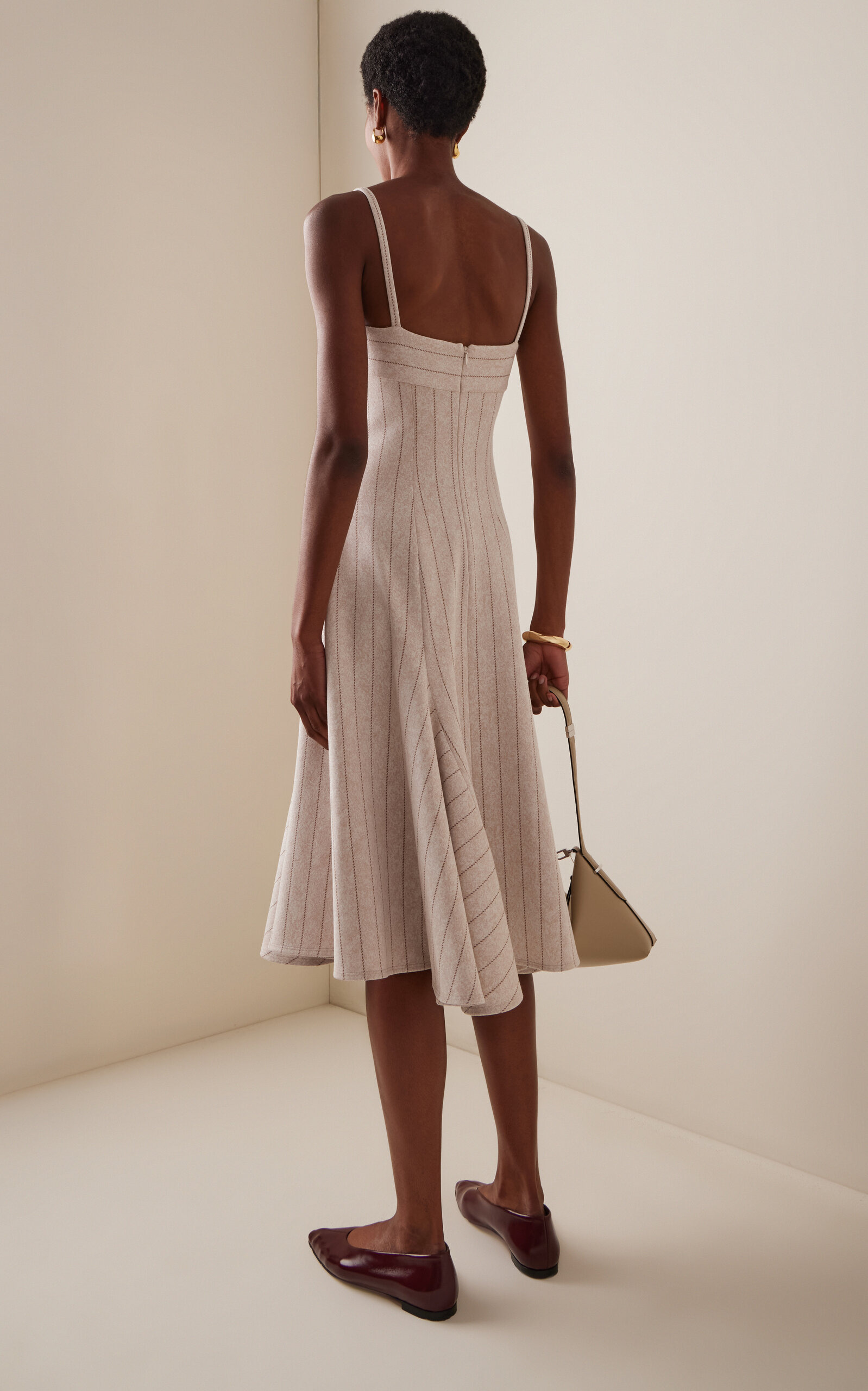 Godet-Detailed Pinstriped Jacquard Dress neutral - 4