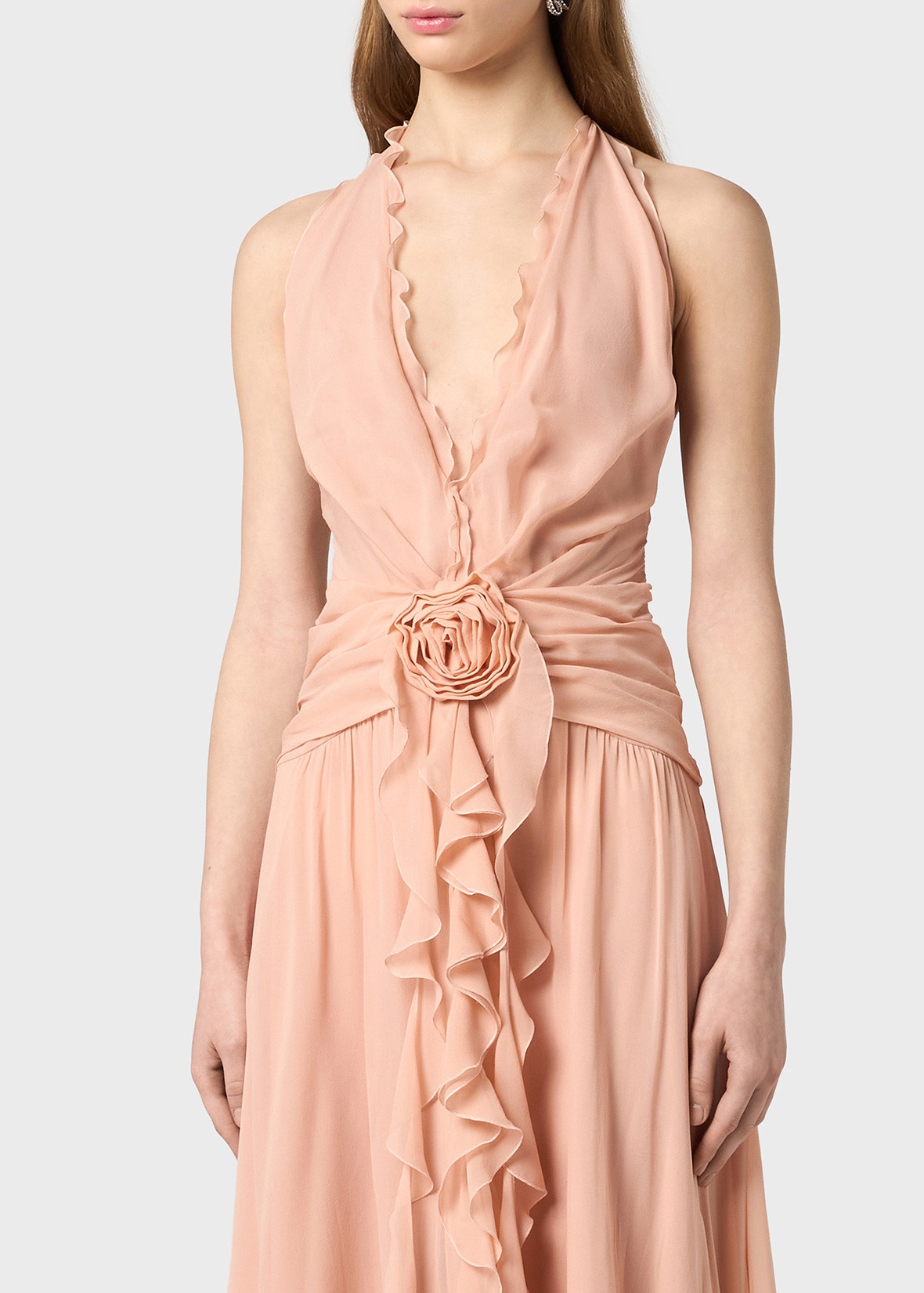 LONG GEORGETTE DRESS WITH RUFFLES AND ROSE DECORATION - 5