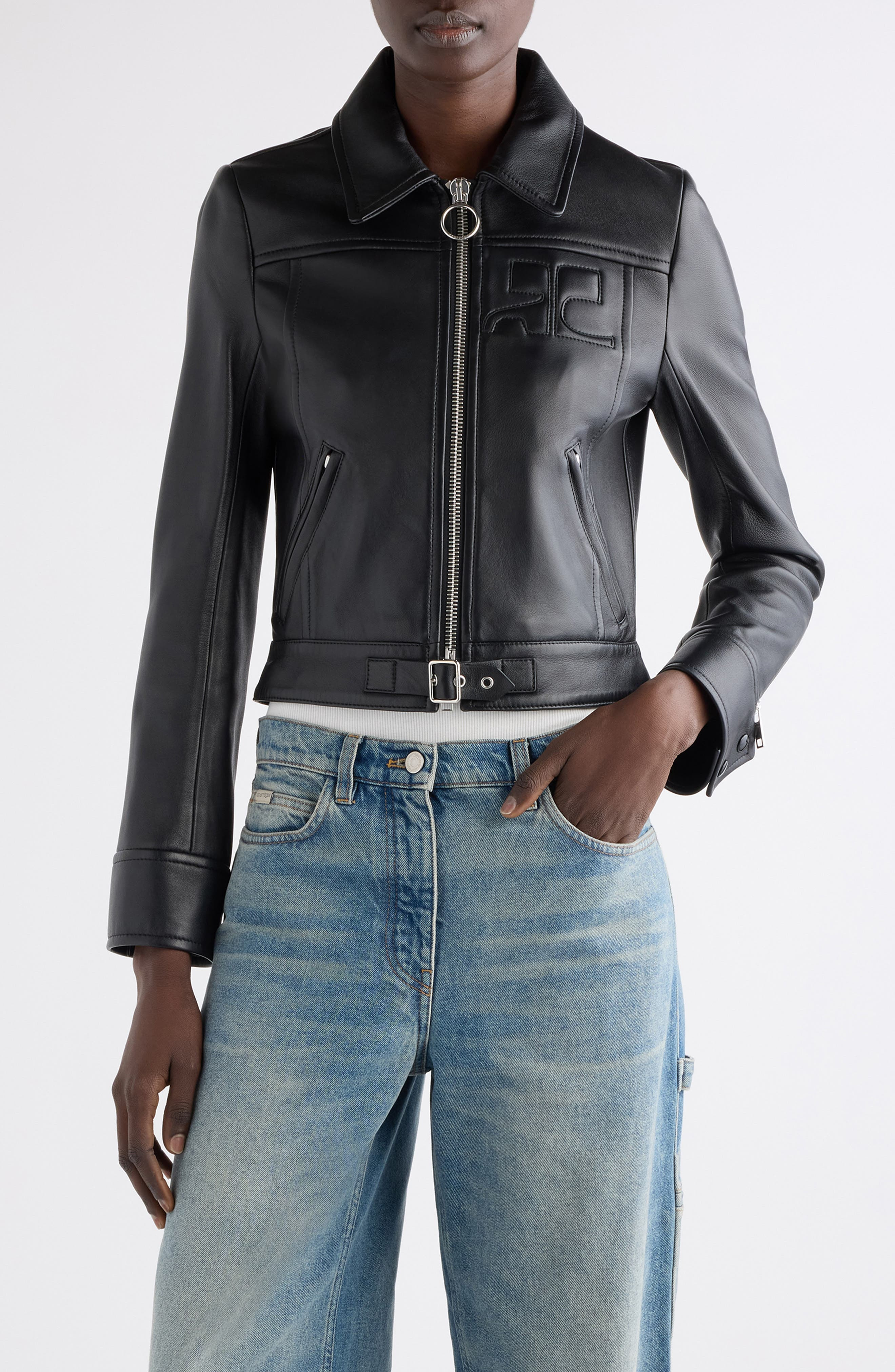 Courrèges Iconic Zip Lambskin Leather Jacket in Black at Nordstrom - 1