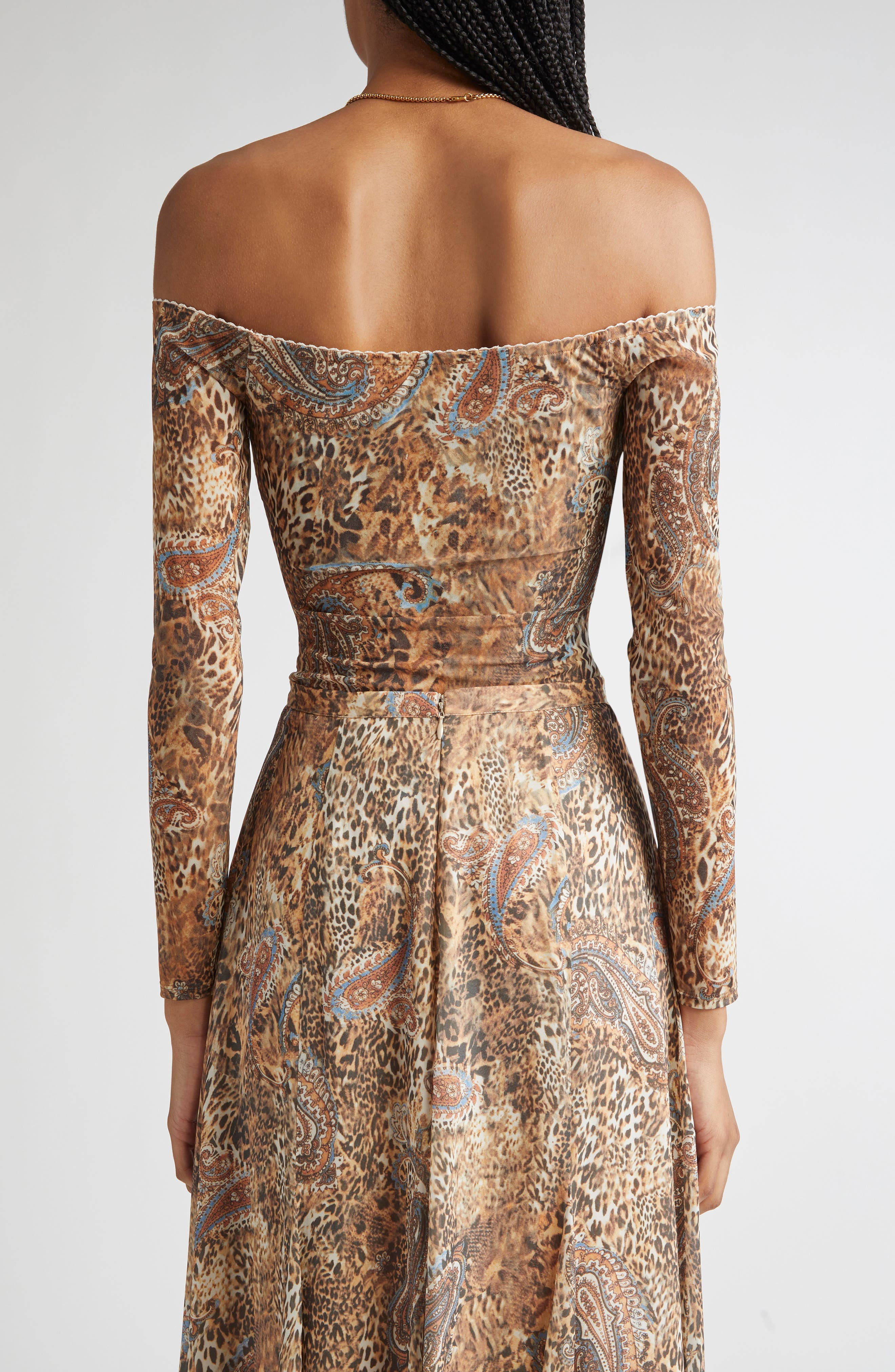 L'AGENCE Peonie Off the Shoulder Bodysuit in Brown/Blue Valencia Leopard at Nordstrom - 3