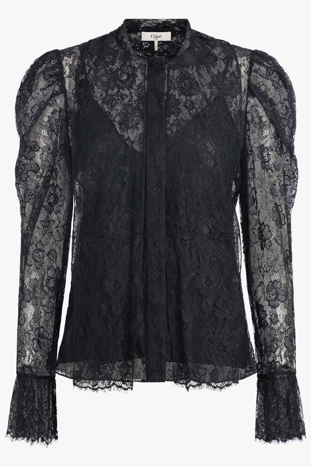 JACQUARD FLORAL LACE NECK TIE BLOUSE | BLACK - 1