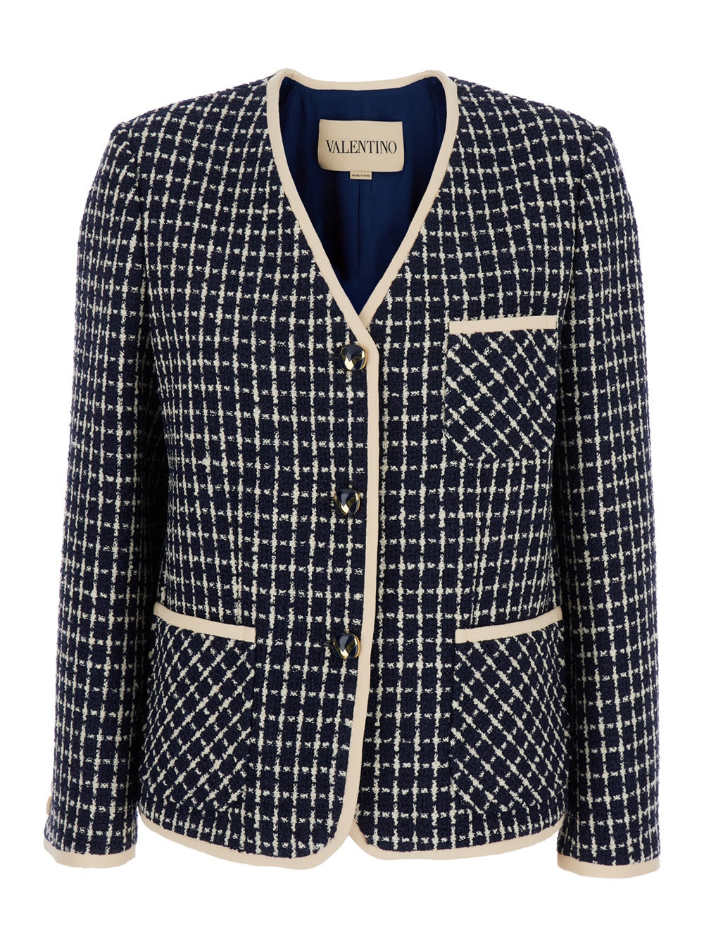Valentino Women Blue Jacket With V Neck And All-Over Check Motif In Wool Blend Woman - 1