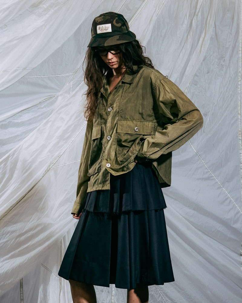 Cropped Nylon Button Up Shirt - Army 8